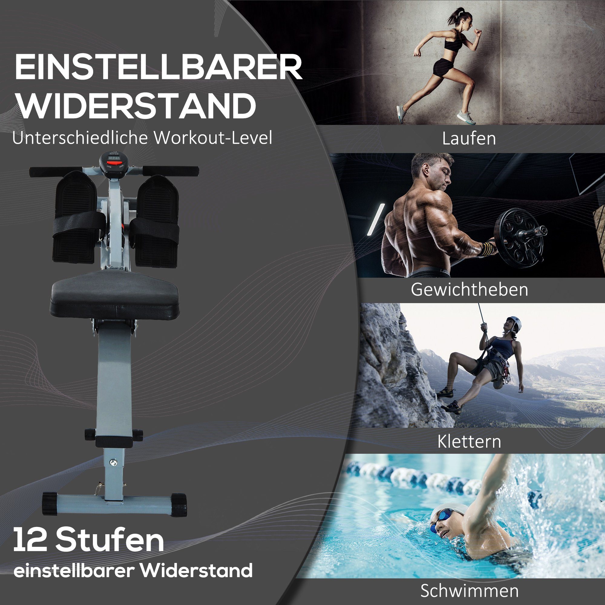HOMCOM Rudergerät Rudermaschine Fitnessgerät Heimtrainer, Stahl+PVC, Grau (Set, 1-tlg., mit LCD Display), 130L x 47.5B x 67H cm