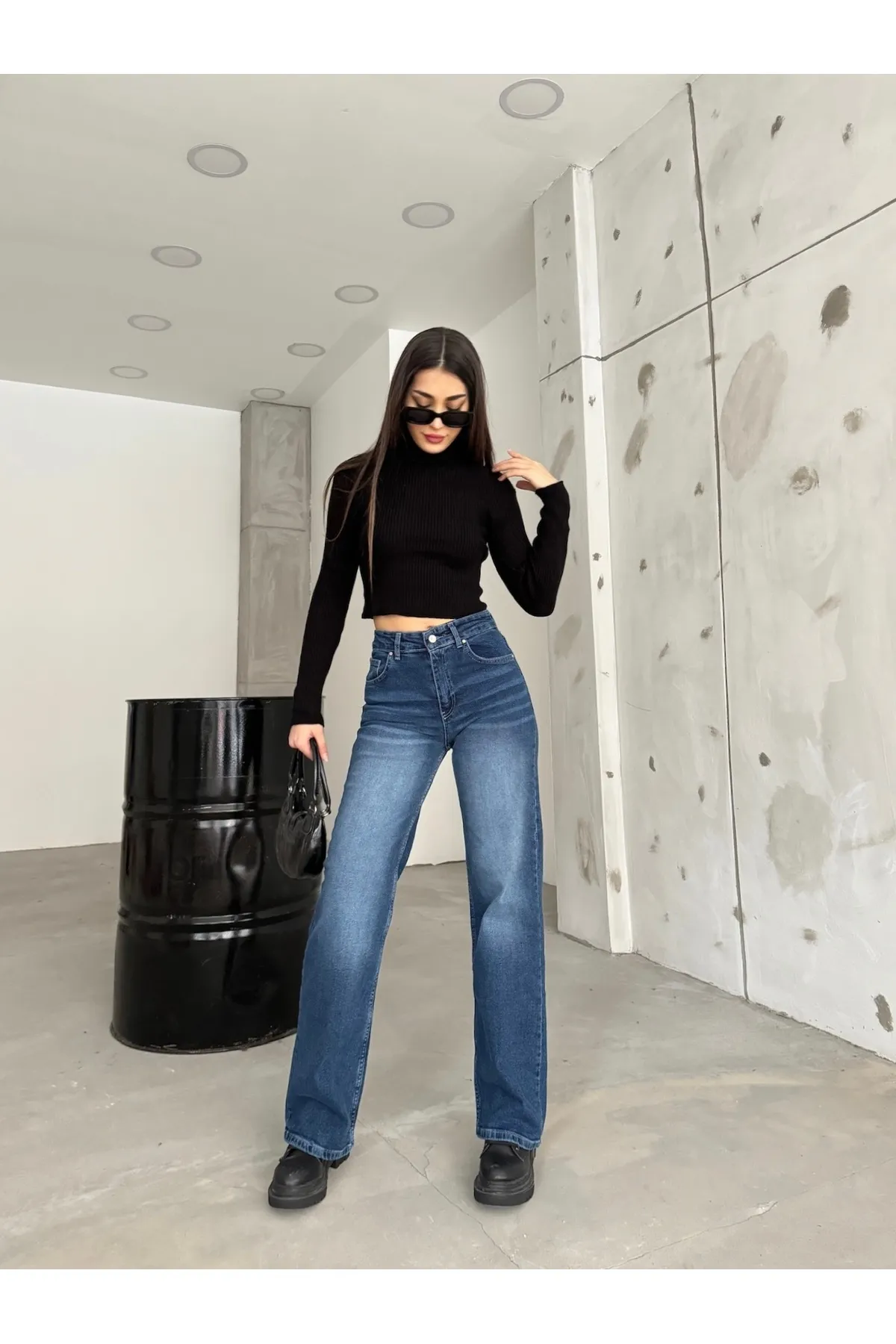 BİKELİFE  Damen-Palazzo-Jeans aus Lycra mit hoher Taille und weitem Bein in Blau mit hellem Effekt und weitem Bein in Segelblau