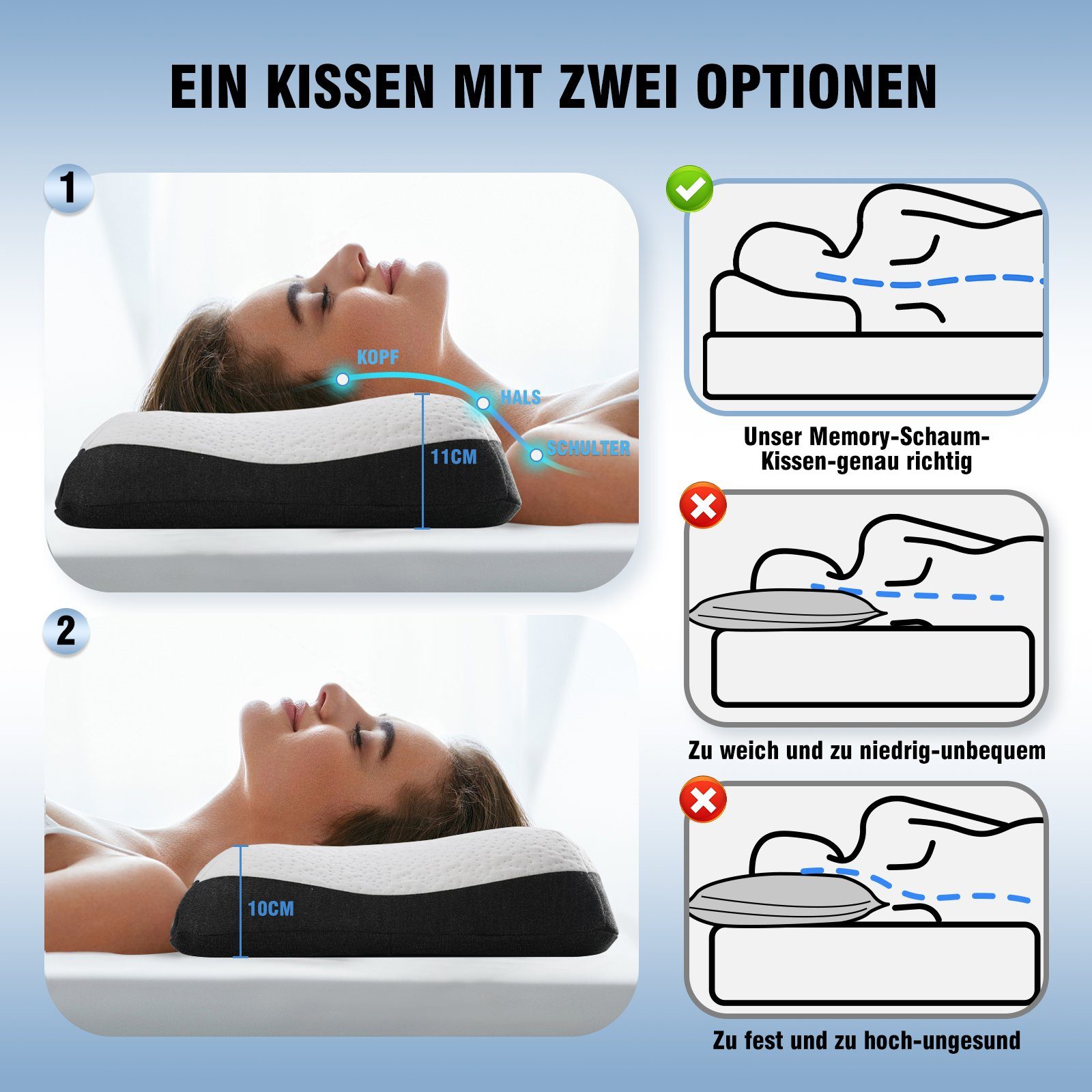 Nackenstützkissen Nackenstützkissen höhenverstellbar für nackenschmerzen und schulter, Elegear, Füllung: Memory-Foam, Bezug: Modalstoff, Rückenschläfer, Seitenschläfer, Bauchschläfer, 60X34cm Kopfkissen, Schlafkissen mit Bezug