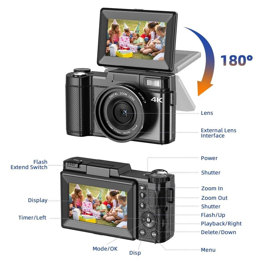Fine Life Pro V10 Vlog Kamera Systemkamera (16 MP, 16x opt. Zoom, WLAN (Wi-Fi), inkl. V10 Vlog Kamera, Sony-Sensoren, Inklusive Tragetasche, Erkennung von Gesichtern)