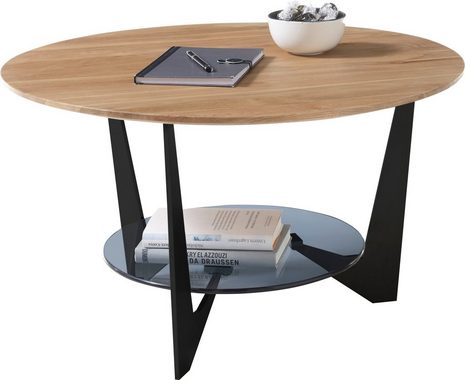 MCA furniture Couchtisch Cadiz, Rund Eiche Natur geölt, Ablageboden Glas Grau