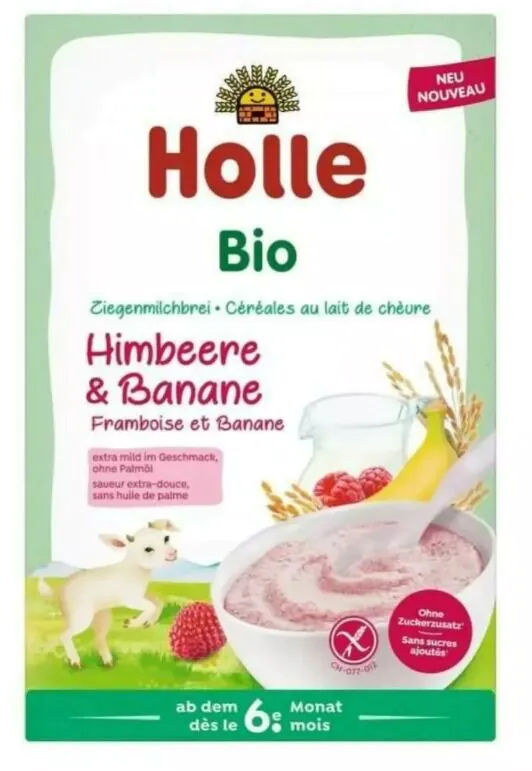 Ekologiška „Holle“ pieninė ryžių košė su ožkos pienu, avietėmis ir bananais kūdikiams nuo 6 mėnesių amžiaus.