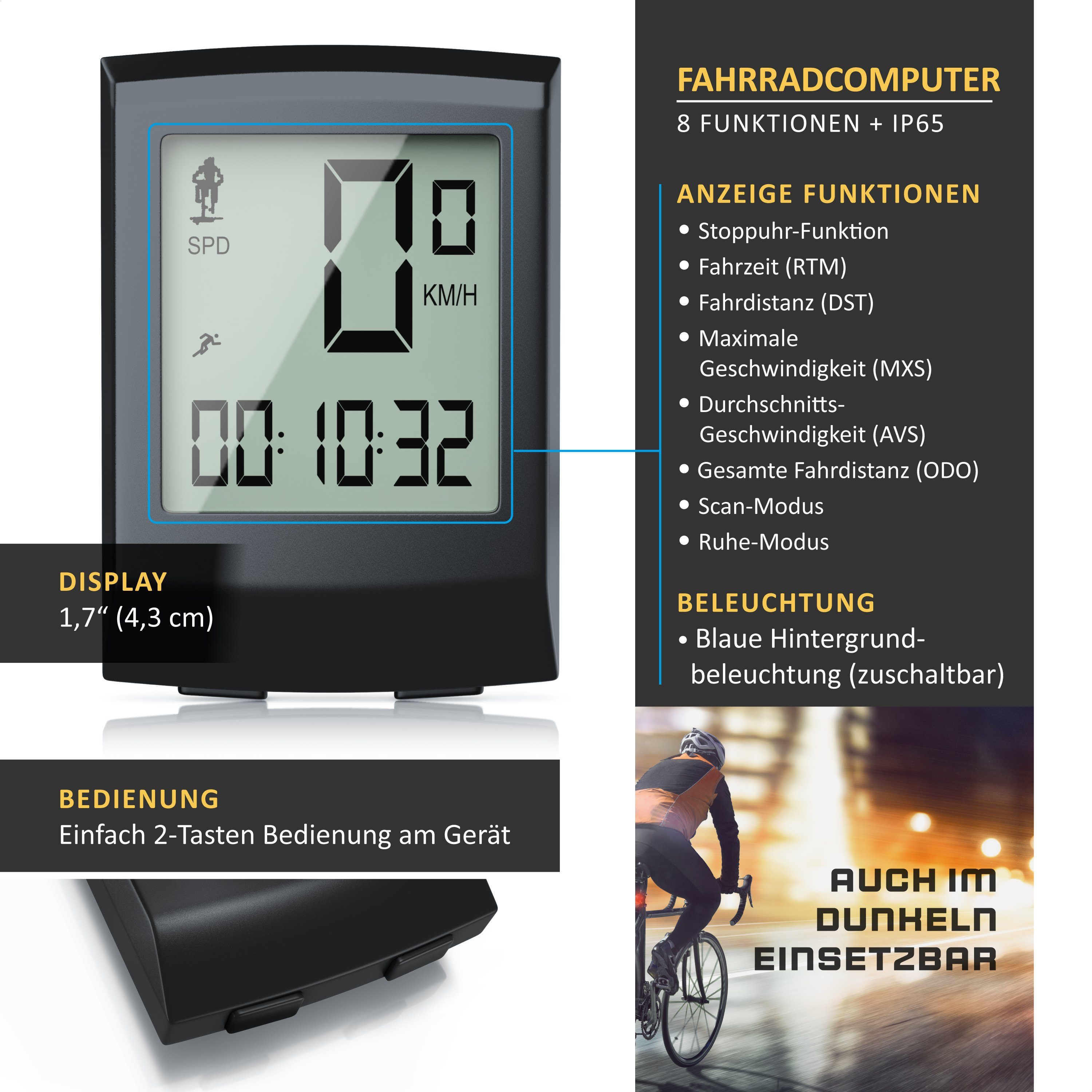 Aplic Fahrradcomputer, 13 Funktionen, kabelgebunden, inkl. Geschwindigkeitssensor