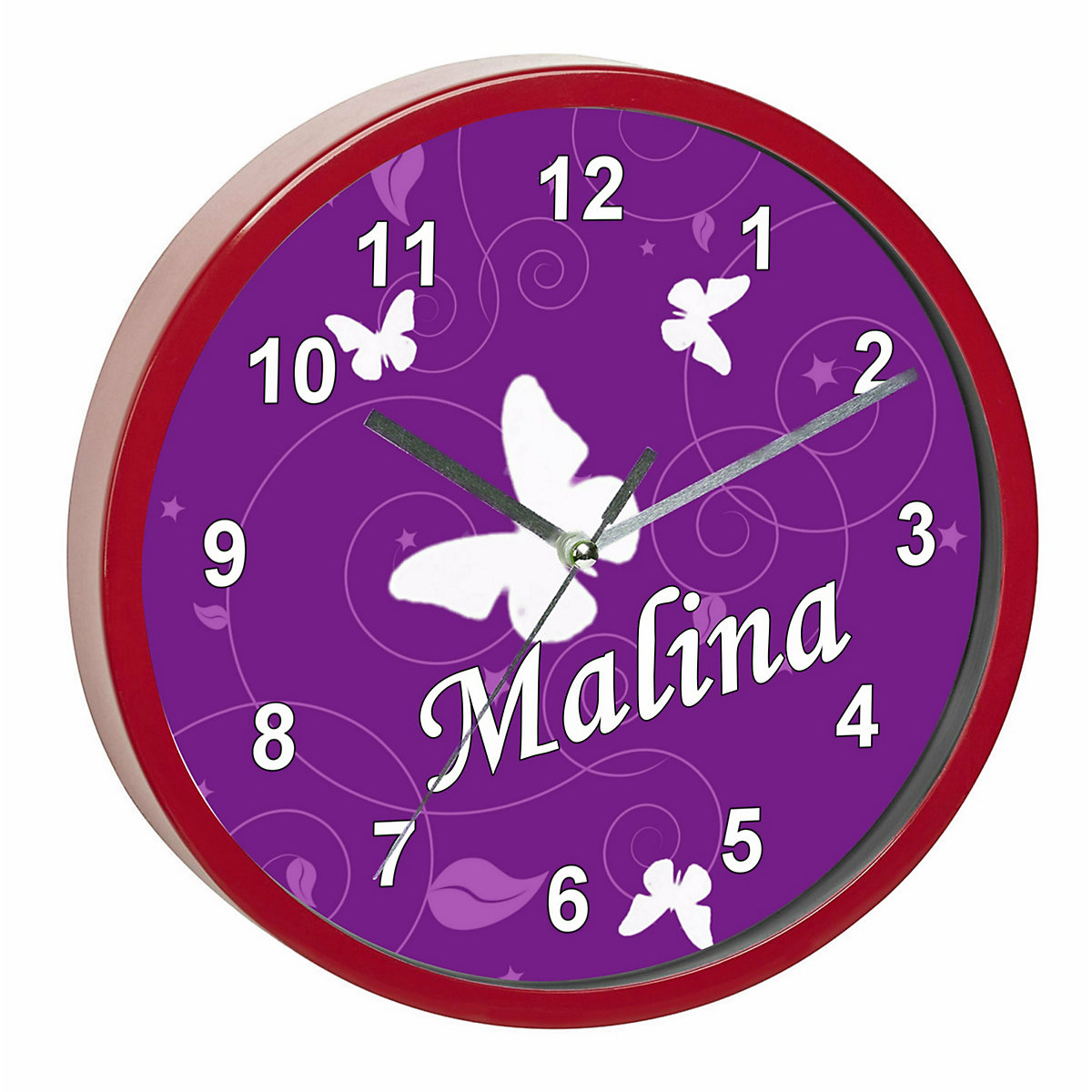 Kinder Wanduhr personalisiert mit Name Schmetterling Lila