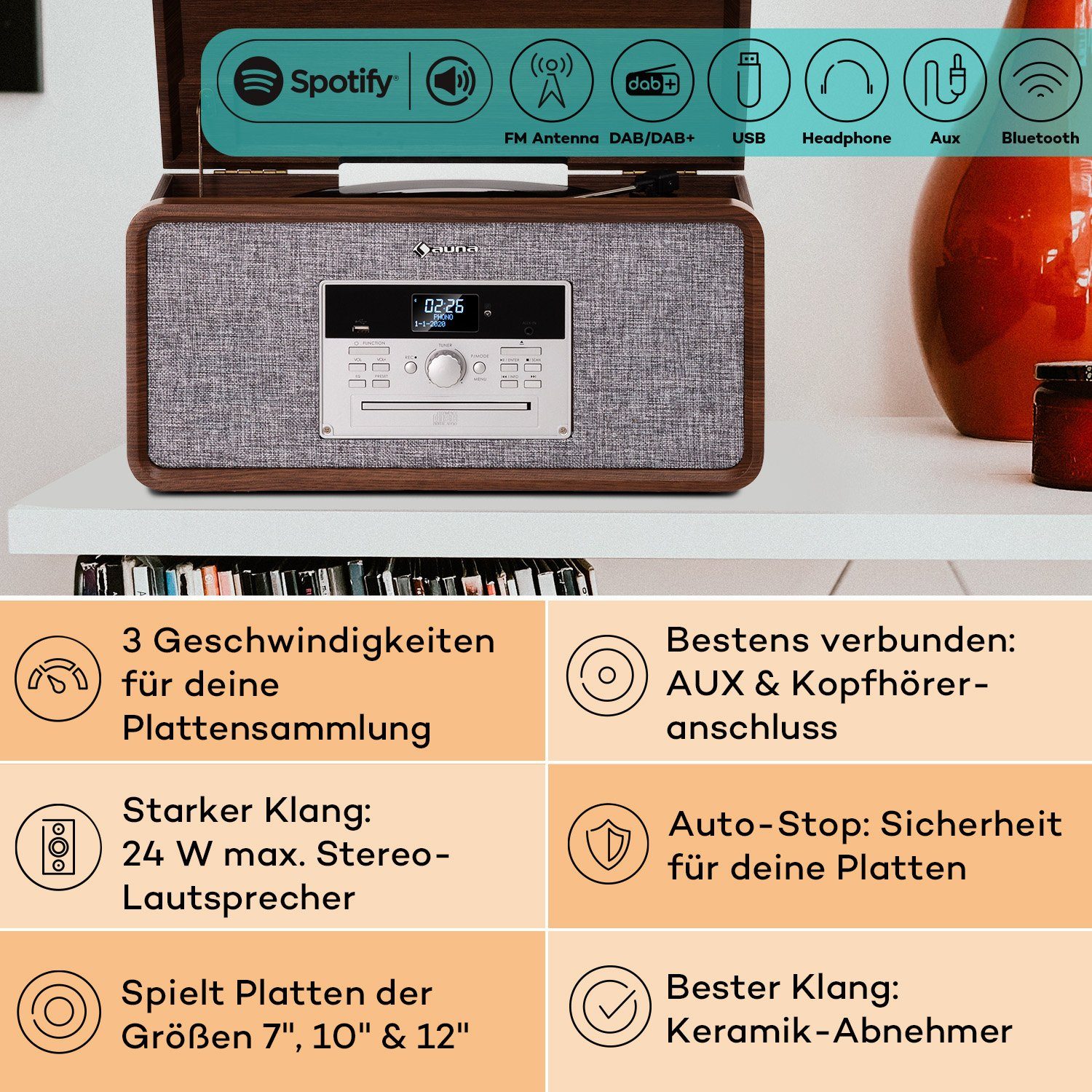 Auna Mary Ann Retro Audio CD Player Plattenspieler (Riemenantrieb, Bluetooth;CD, DAB+ UKW Radio MP3 Player Fernbedienung)