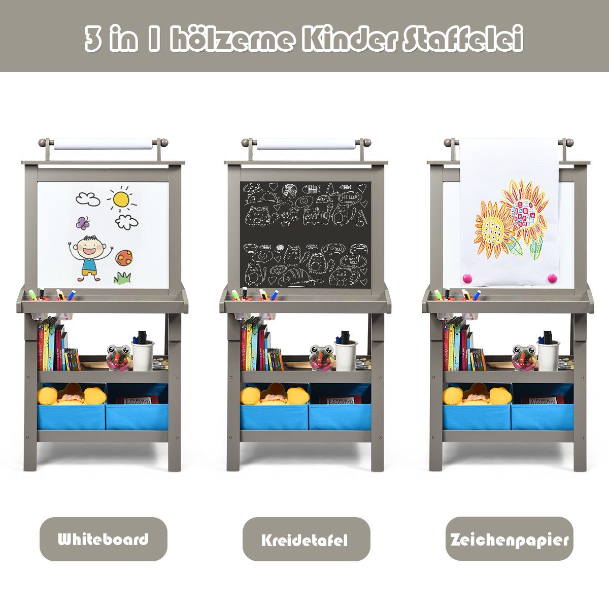 COSTWAY Standtafel Kinder Staffelei, doppelseitig, mit Magneten & 2 Boxen