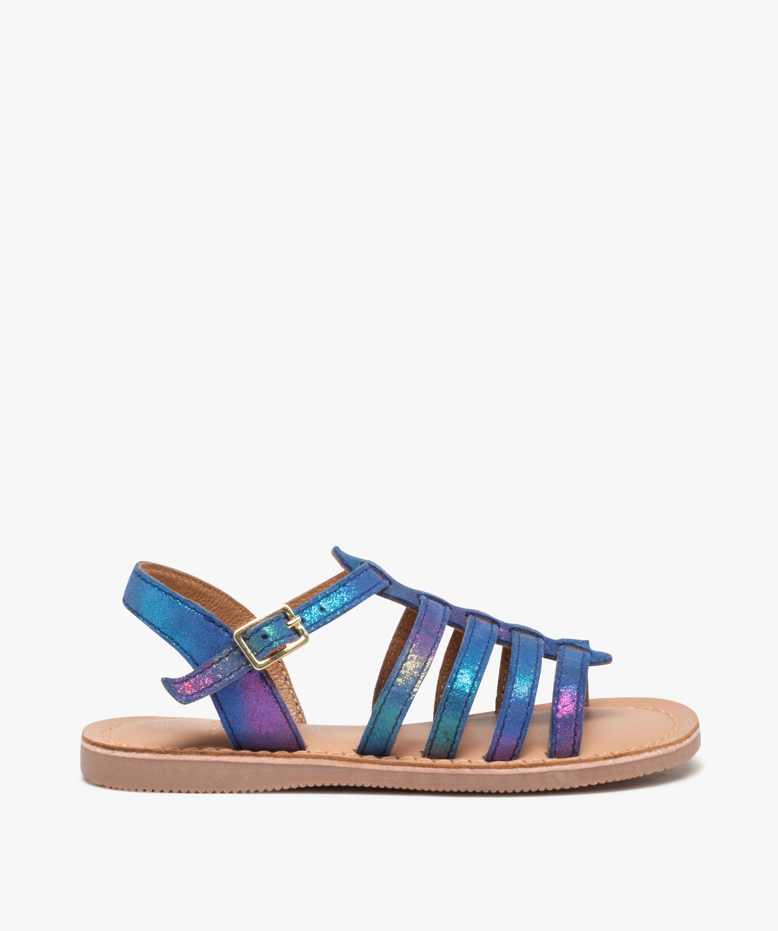 Sandales filles à brides multiples en cuir irisé bleu | GEMO
