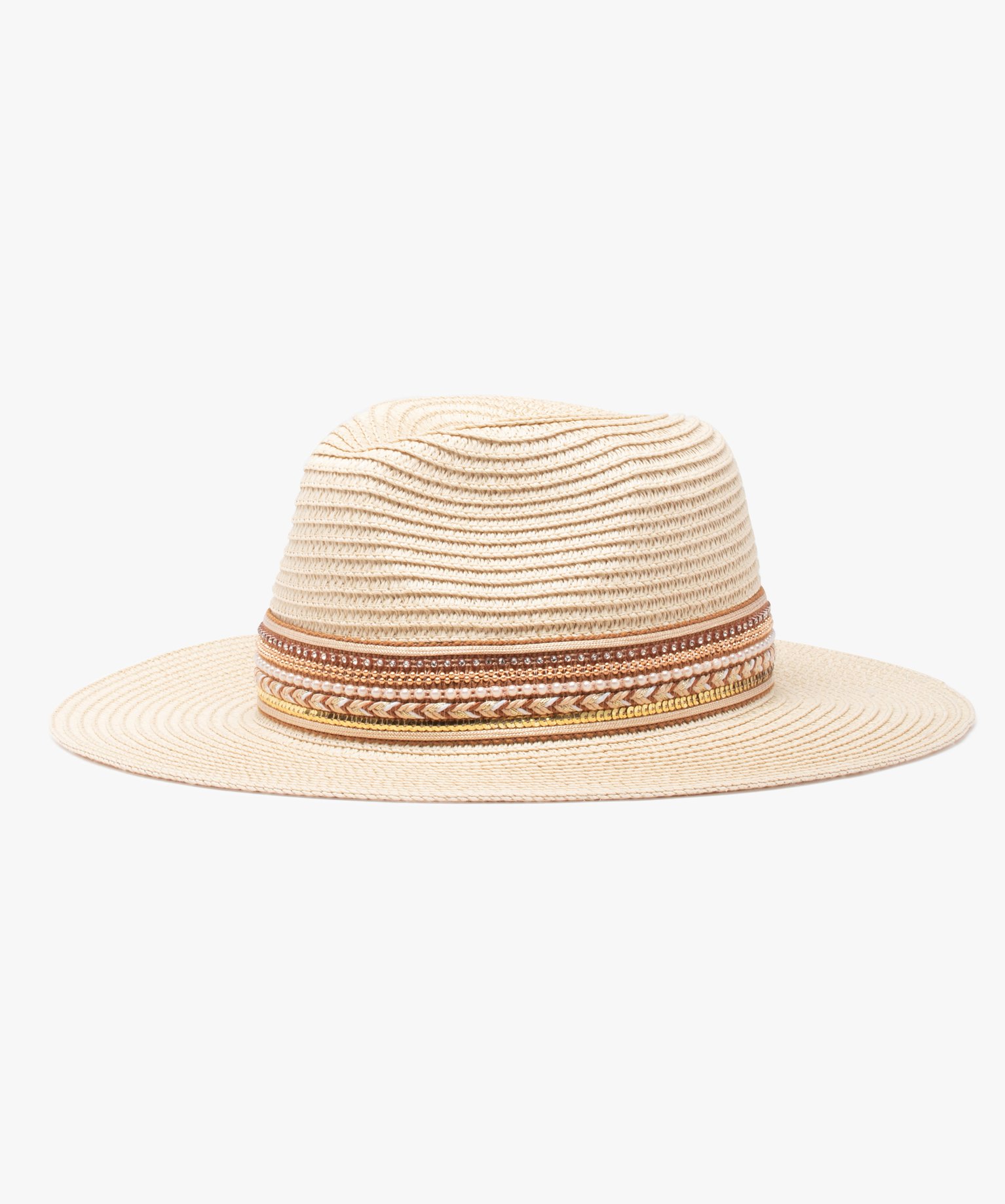 Chapeau de paille femme à bord large et galon brillant beige | GEMO