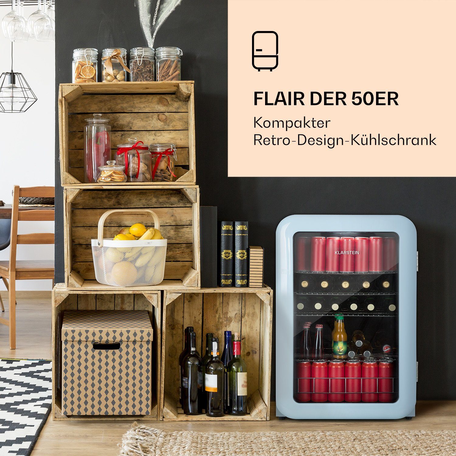 Klarstein Getränkekühlschrank HEA13-PopLife-48L 10040737, 47.5 cm hoch, 44 cm breit, Bierkühlschrank Getränkekühlschrank Flaschenkühlschrank mit Glastür