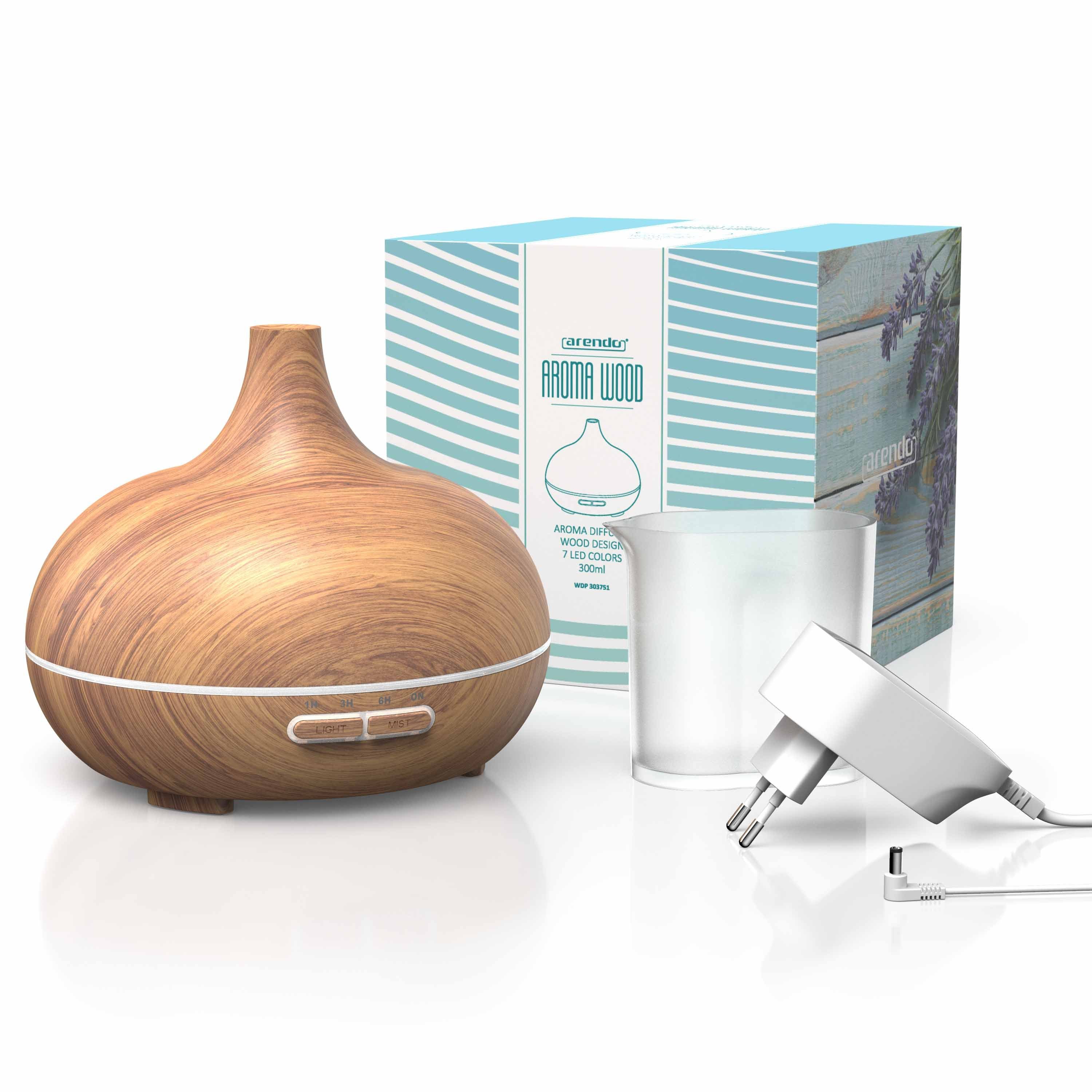 Arendo Diffuser, 0,3 l Wassertank, Aroma Diffusor, Holz Design, LED, Timer, 7 Farben Wechsel, 300ml
