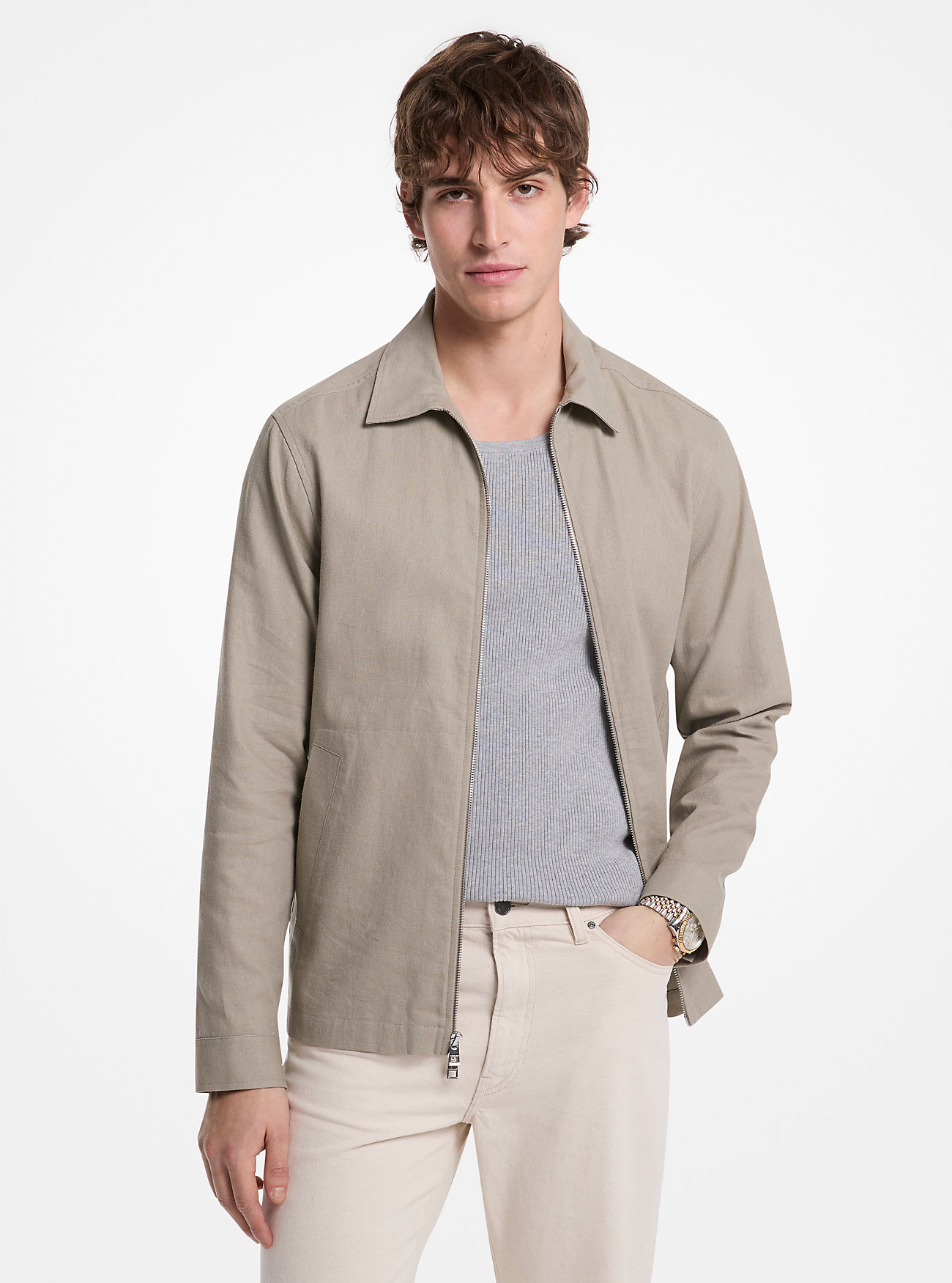 Linen and Cotton Collared Jacket - DUSTY SAGE