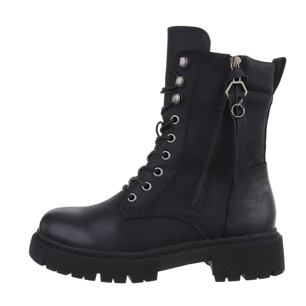 Ital-Design Damen Schnürschuhe Freizeit Schnürstiefelette Blockabsatz Plateaustiefeletten in Schwarz