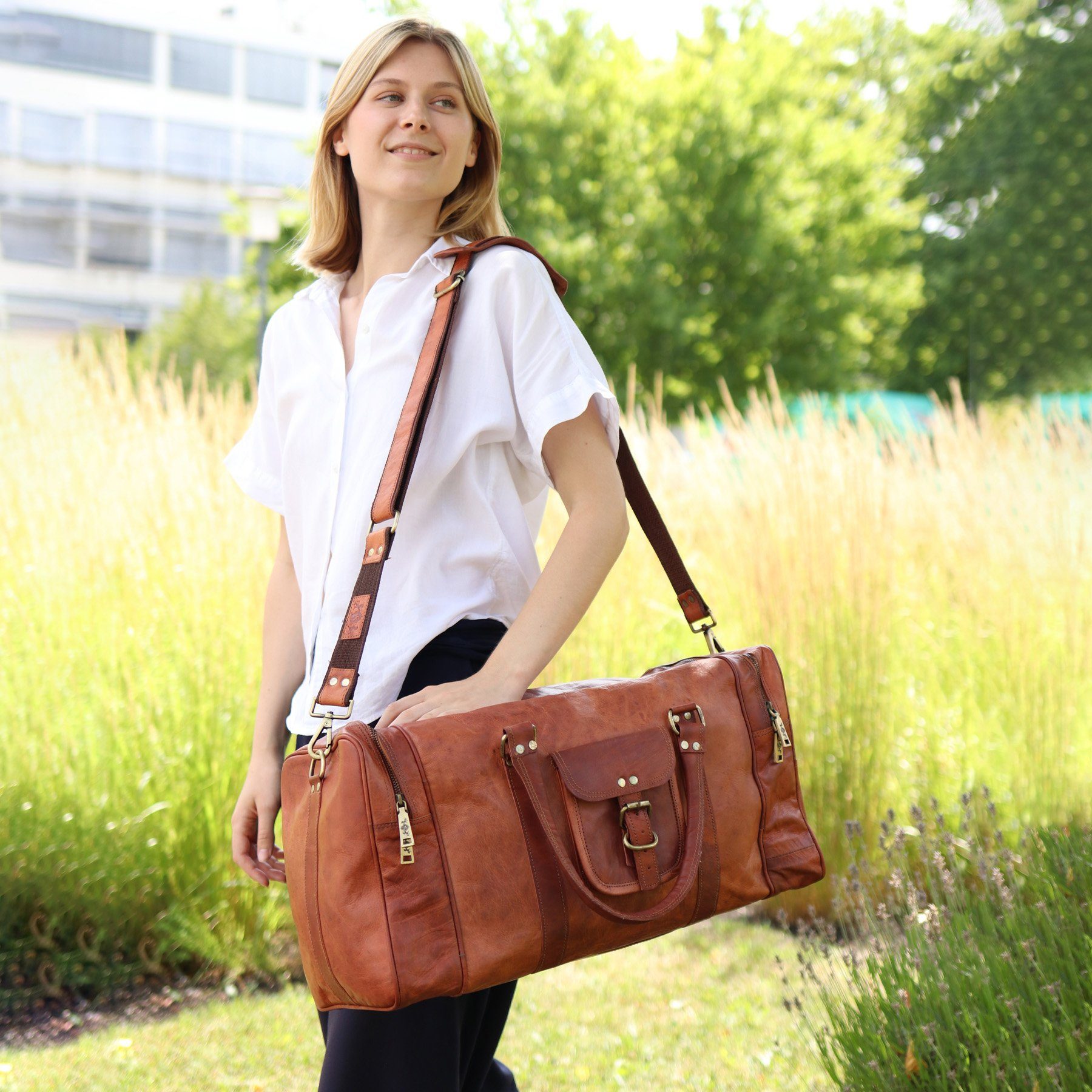 SID & VAIN Reisetasche LANDON, Weekender echt Leder Unisex, Sporttasche hellbraun, 50 cm