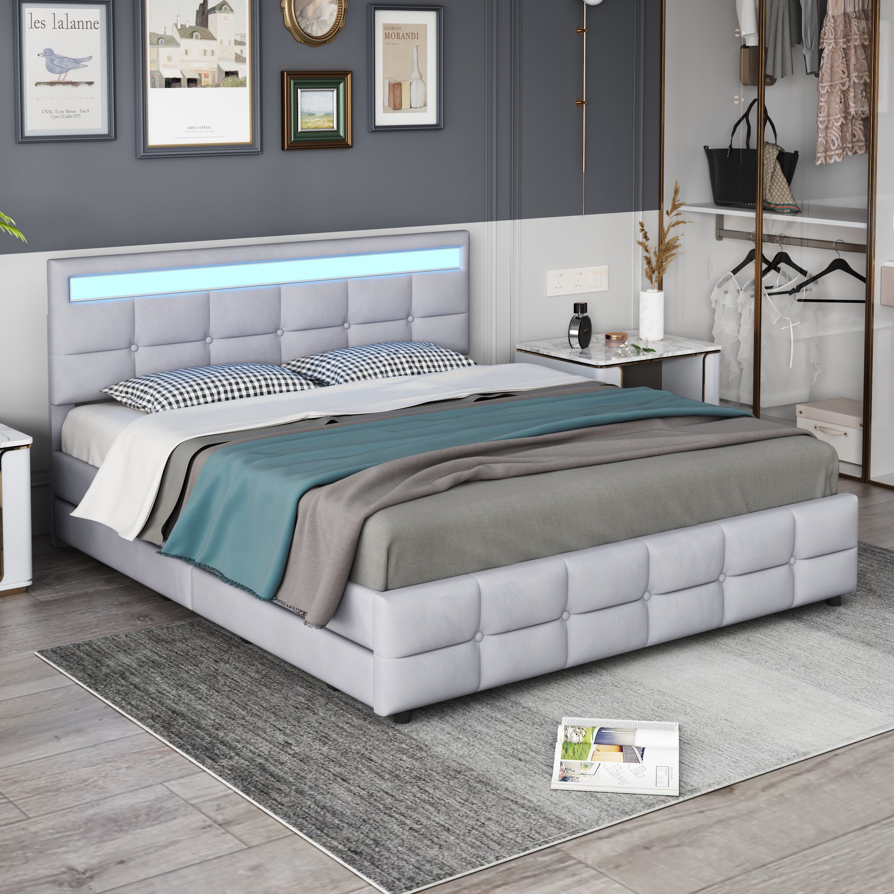 WISHDOR Polsterbett Doppelbett, Polsterbett mit 4 Schubladen 180 x 200 cm (Hautfreundliches Doppelbett aus Samtstoff für Erwachsene und Jugendliche, Lattenrost und Rückenlehne), ohne Matratze