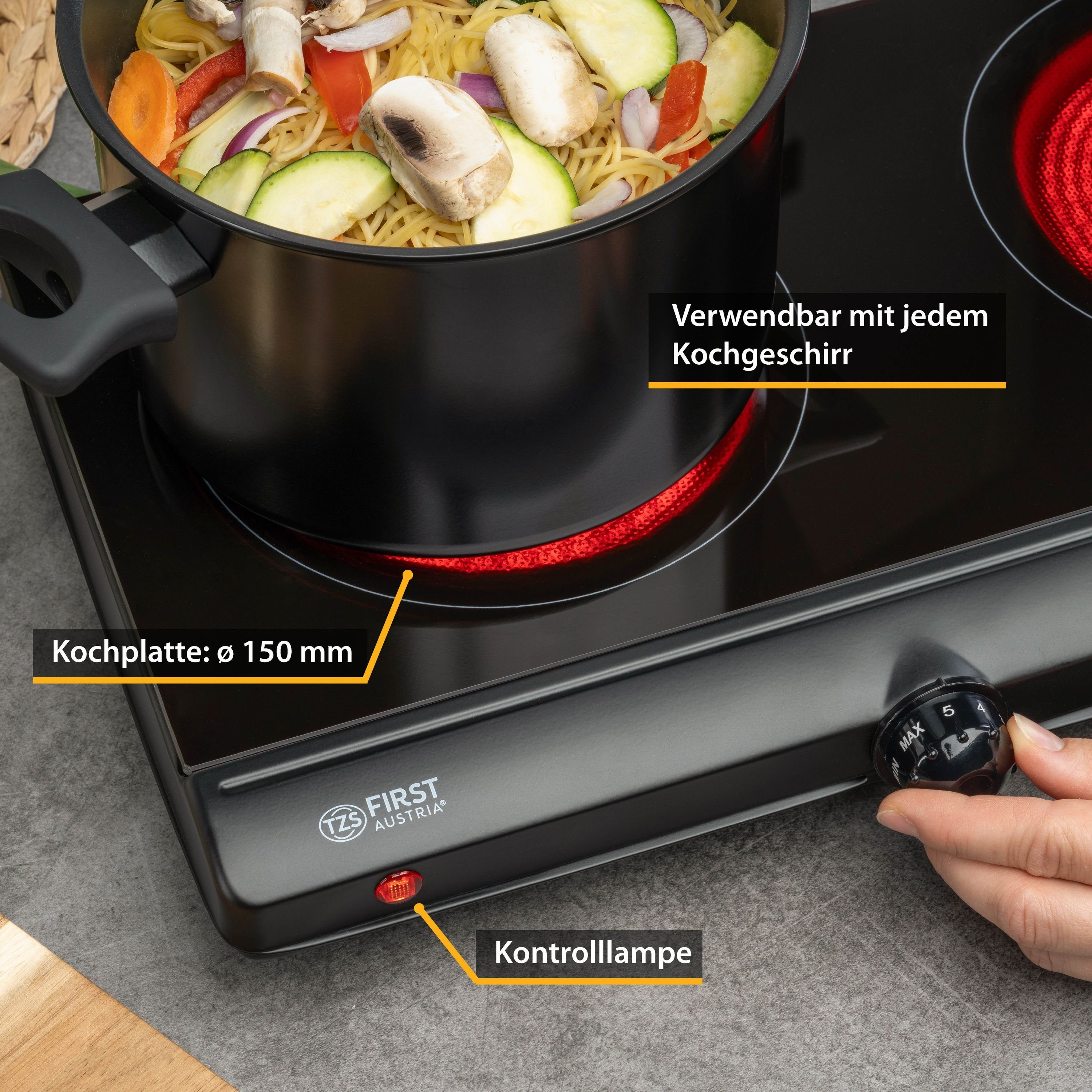 TZS FIRST AUSTRIA Doppelkochplatte Infrarot Kochplatte, 2500W, Glaskeramik, stufenlose Temperaturregelung, Kochfeld Schwarz, manuelle Bedienung, mobil, Herdplatte