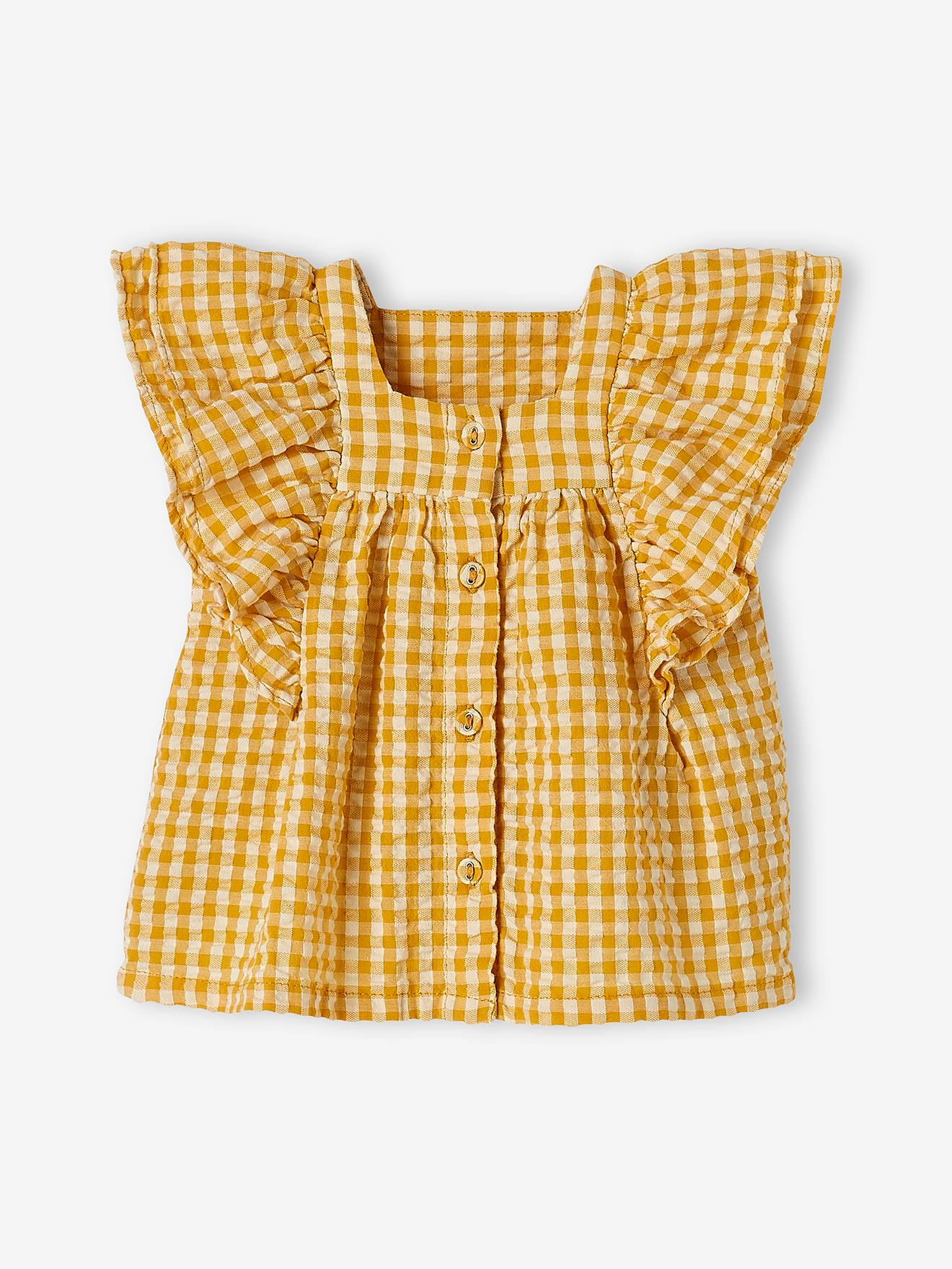 Ensemble blouse vichy en seersucker et jean large bébé carreaux ocre