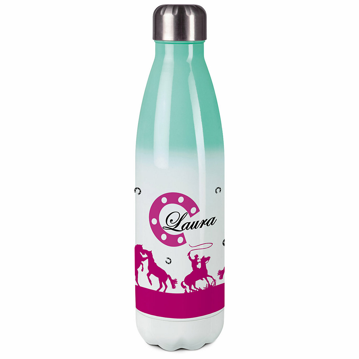 Edelstahl Kinder Thermoflasche / Trinkflasche bunt Cowboy Pferde Farbe pink Spülmaschinenfest, Auslaufsicher, Bruchfest, Doppelwandig, Für Heißgetränke geeignet, Mit Deckel, Isoliert