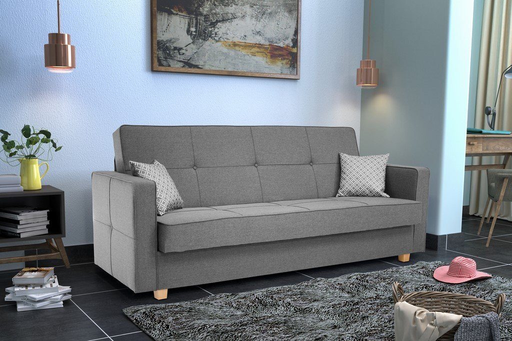 Furnix Schlafsofa MELOTTE Polstercouch mit Schlaffunktion & Bettkasten, Klick-Klick-Mechanik, B216 x H95 x T95 cm, Made in EU