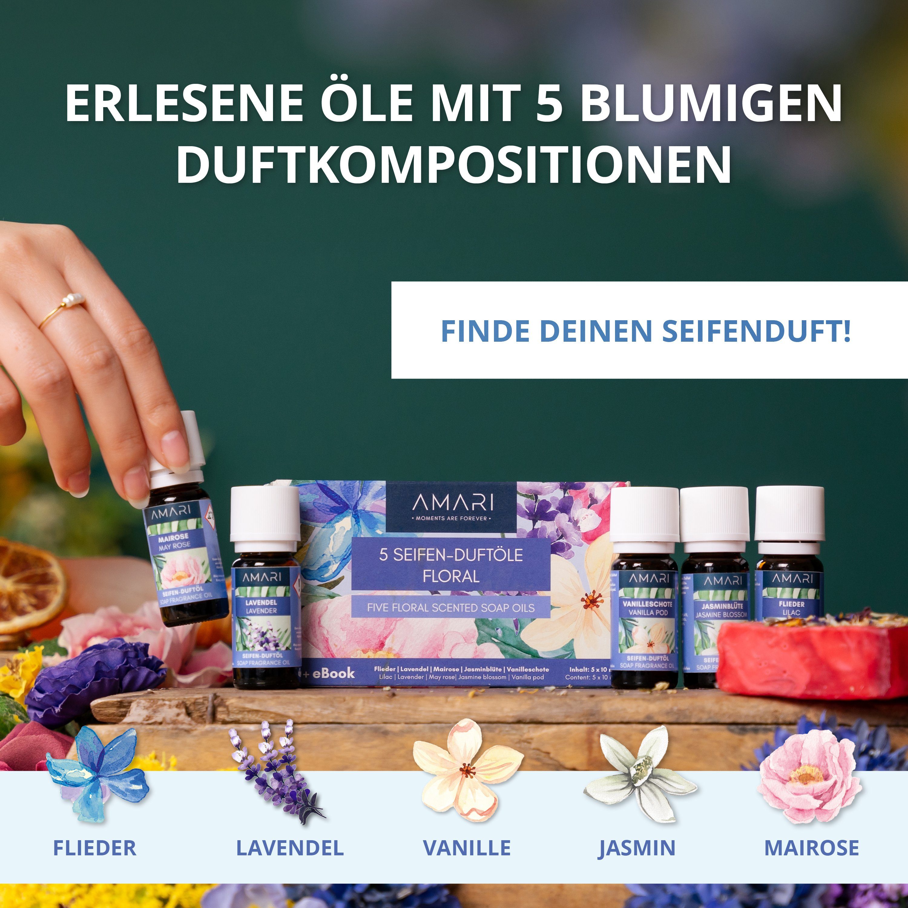 Amari Seifen-Set AMARI® Duftöl Set Blumig – 5 ausgewählte Duftöle zur Seifenherstellung