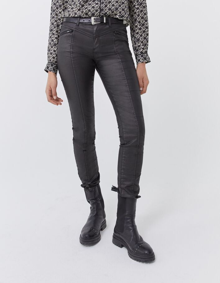 Jean slim noir enduit sculpt up mid waist zip poches femme