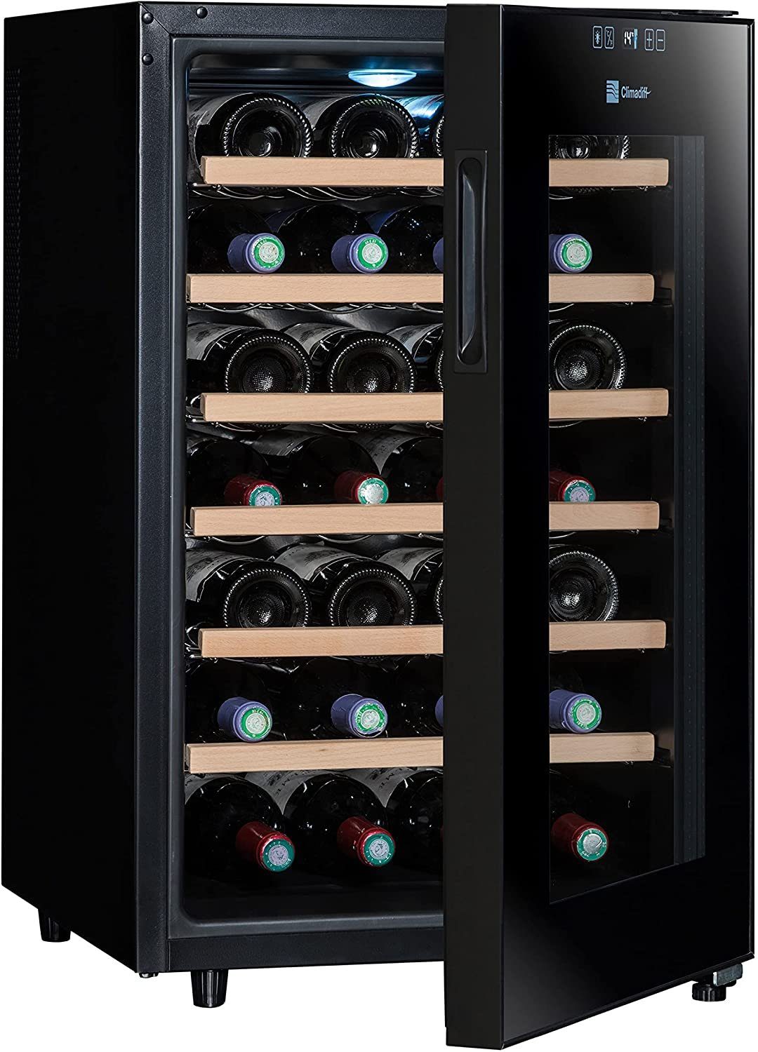 CLIMADIFF Weinkühlschrank CC28, Glastür, 28 Flaschen Wein, Flaschenkühlschrank Kühlschrank, für 28 Standardflaschen á 0,75l,Design Weinkühler, Getränkekühlschrank 35x46x48cm Weinschrank Wein