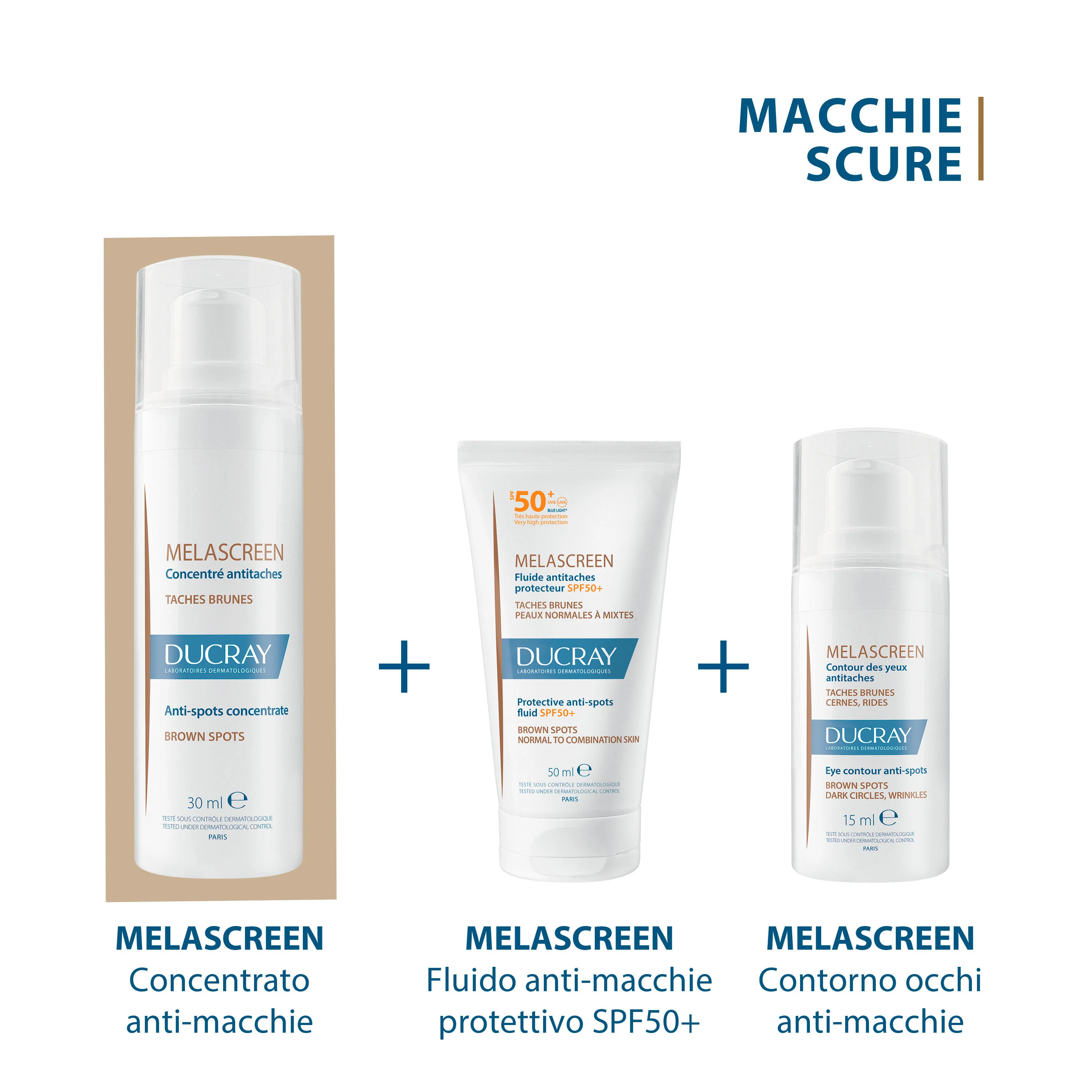 Fluido protetor antiacne Melascreen FPS 50+ - Frascos faciais antiacne, tratamentos protetores, protetor solar facial de alta proteção.