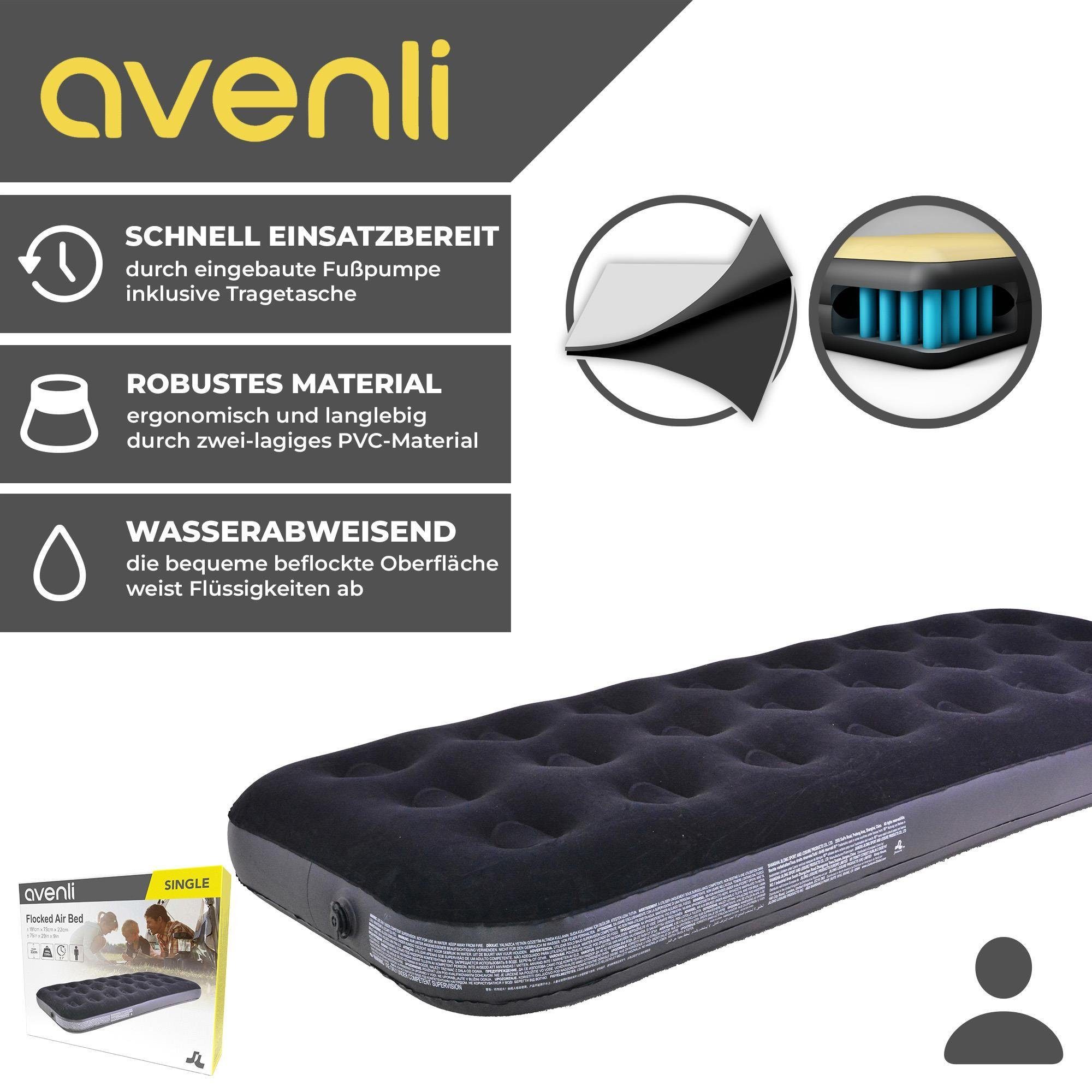Avenli Luftbett Avenli aufblasbares Luftbett / Campingmatratze schwarz 191x73x22 cm, (Luftmatratze für 1 Person), Gästebett mit beflockter Oberfläche