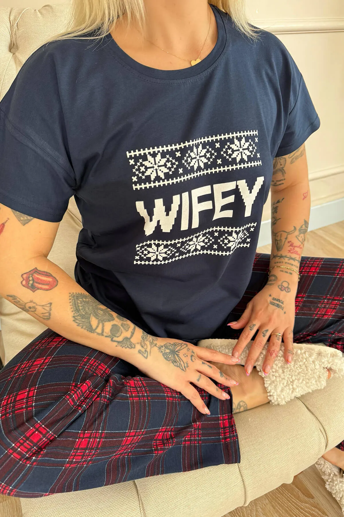 Pijamaevi  Marineblaues Wifey Kurzarm-Pyjama-Set für Damen von Dear Family