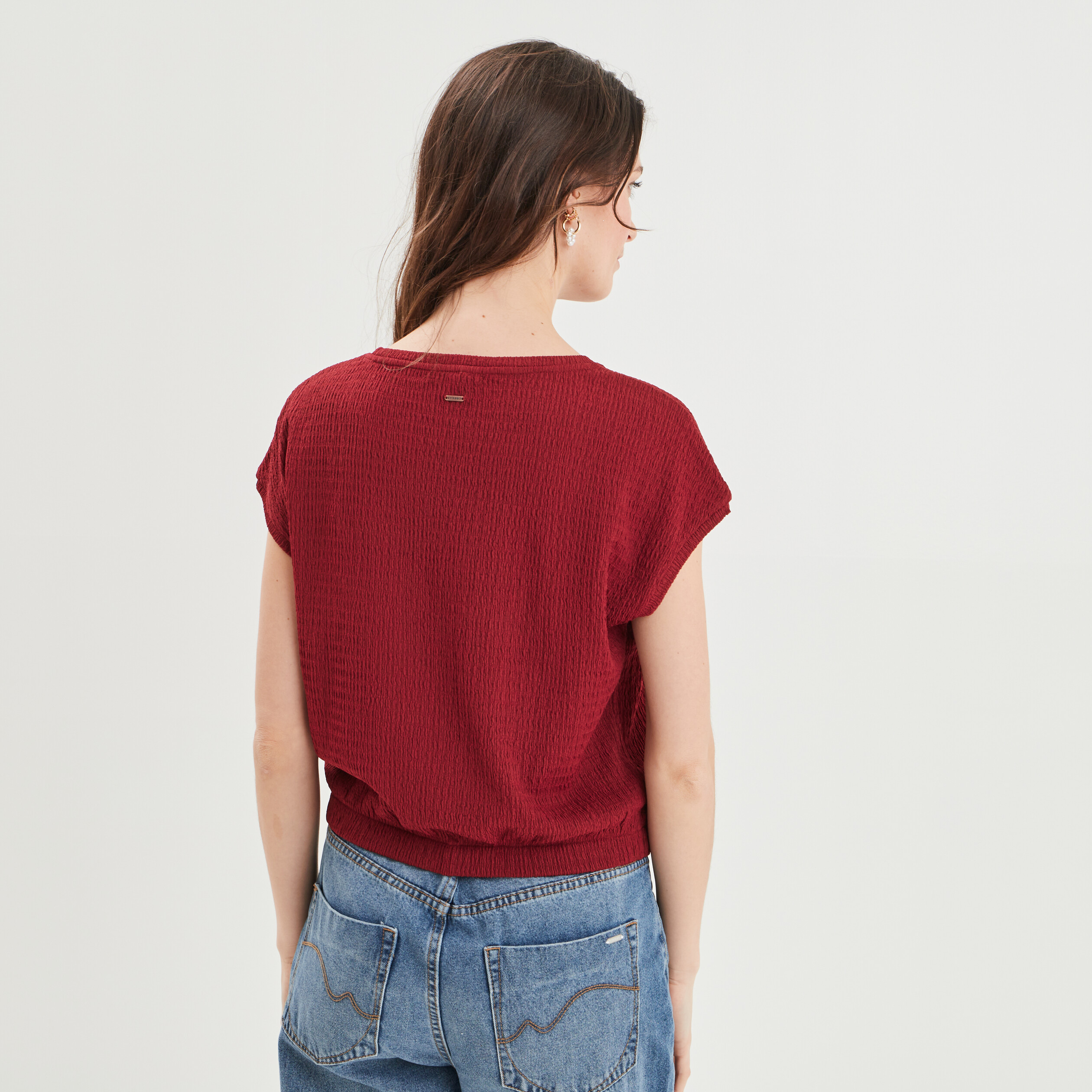 T-shirt col rond taille élastiquée rouge foncé femme | La Halle