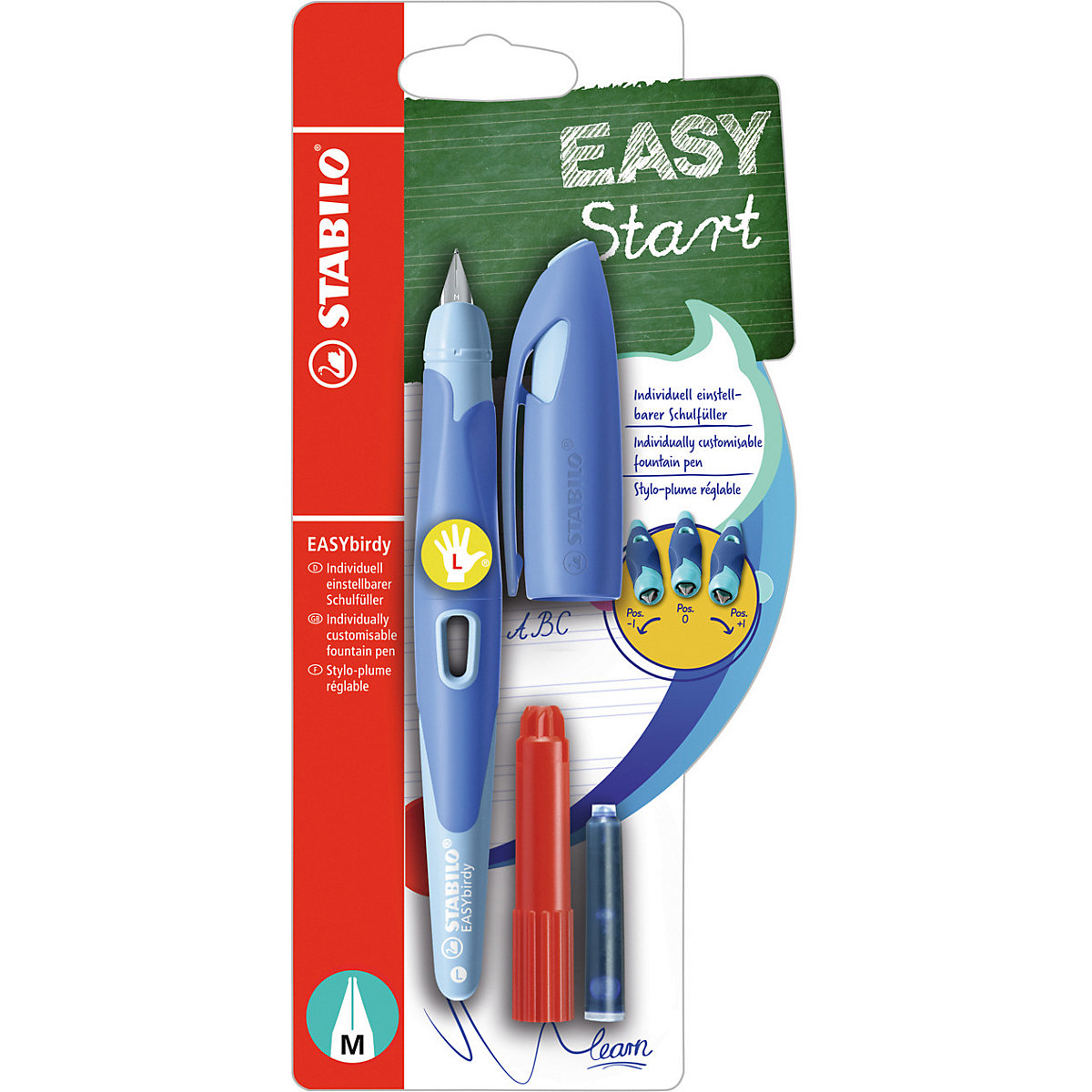 Schulfüller EASYbirdy Linkshänder M-Feder Pastel Edition blau/hellblau, inkl. Patrone & Einstellwerkzeug