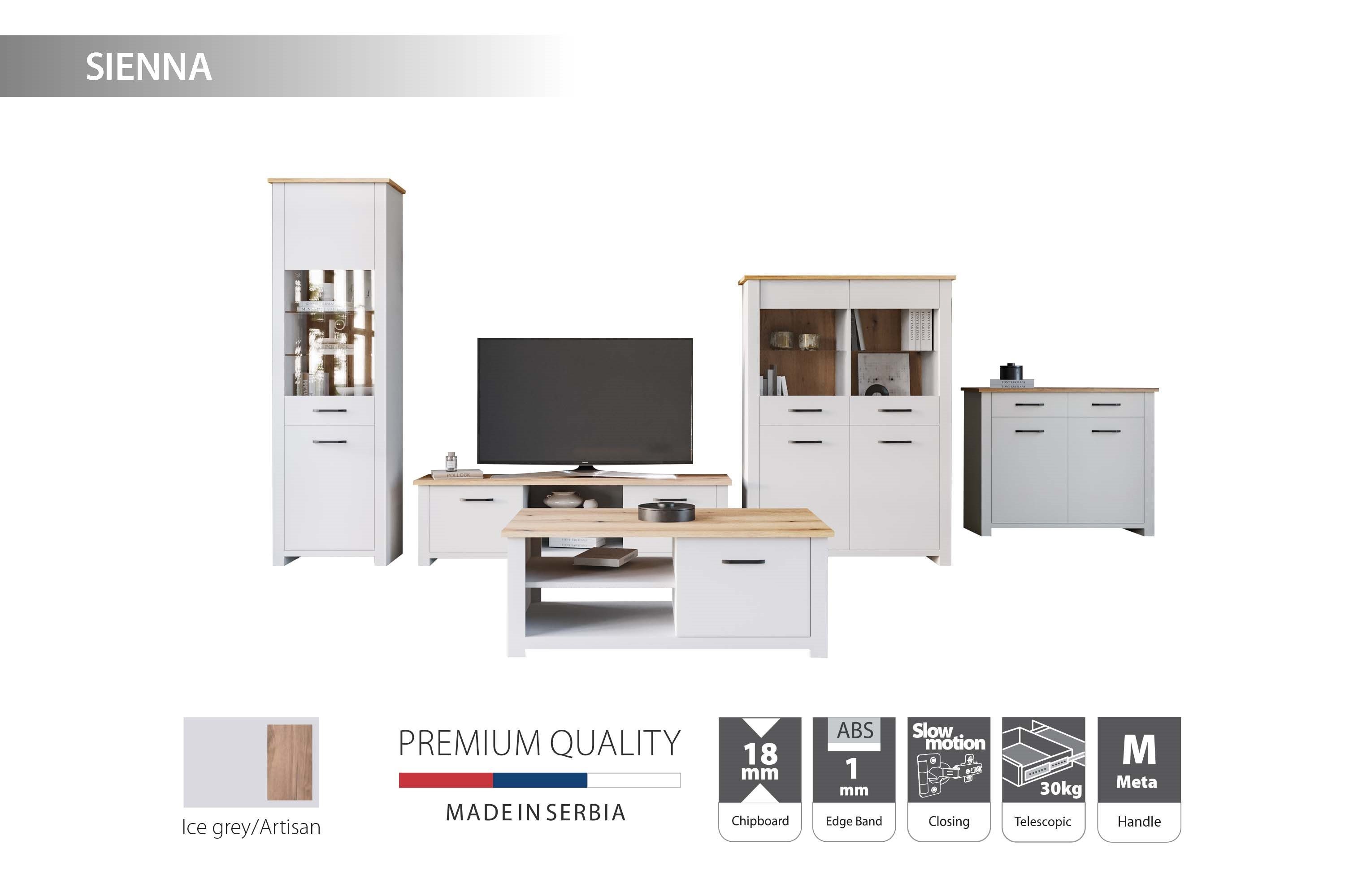 HYPE Rooms Wohnwand Wohnwand Wohnzimmer Sienna 5-teilig, TV-Bank, Vitrinenschrank, Vitrinenschrank schmal, Kommode, Couchtisch