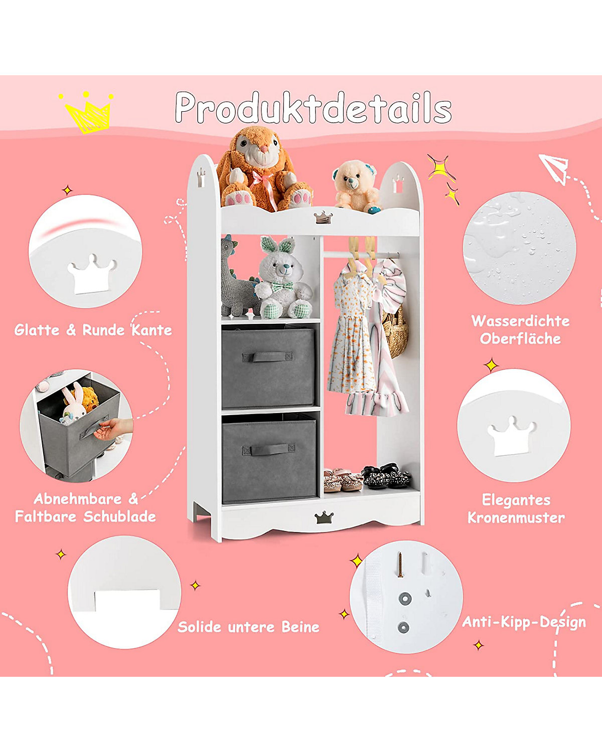 Kleiderschrank Kinder mit Spiegel & 2 Stoffbox