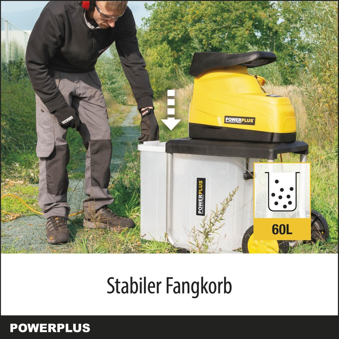 VARO Powerplus Elektro-Häcksler POWXG6462 - Gartenhäcksler 2800 W, Max. Ø45 mm, Schieber, Garten Häcksler Räder und 60 l Fangsack inbegriffen, Gartengeräte