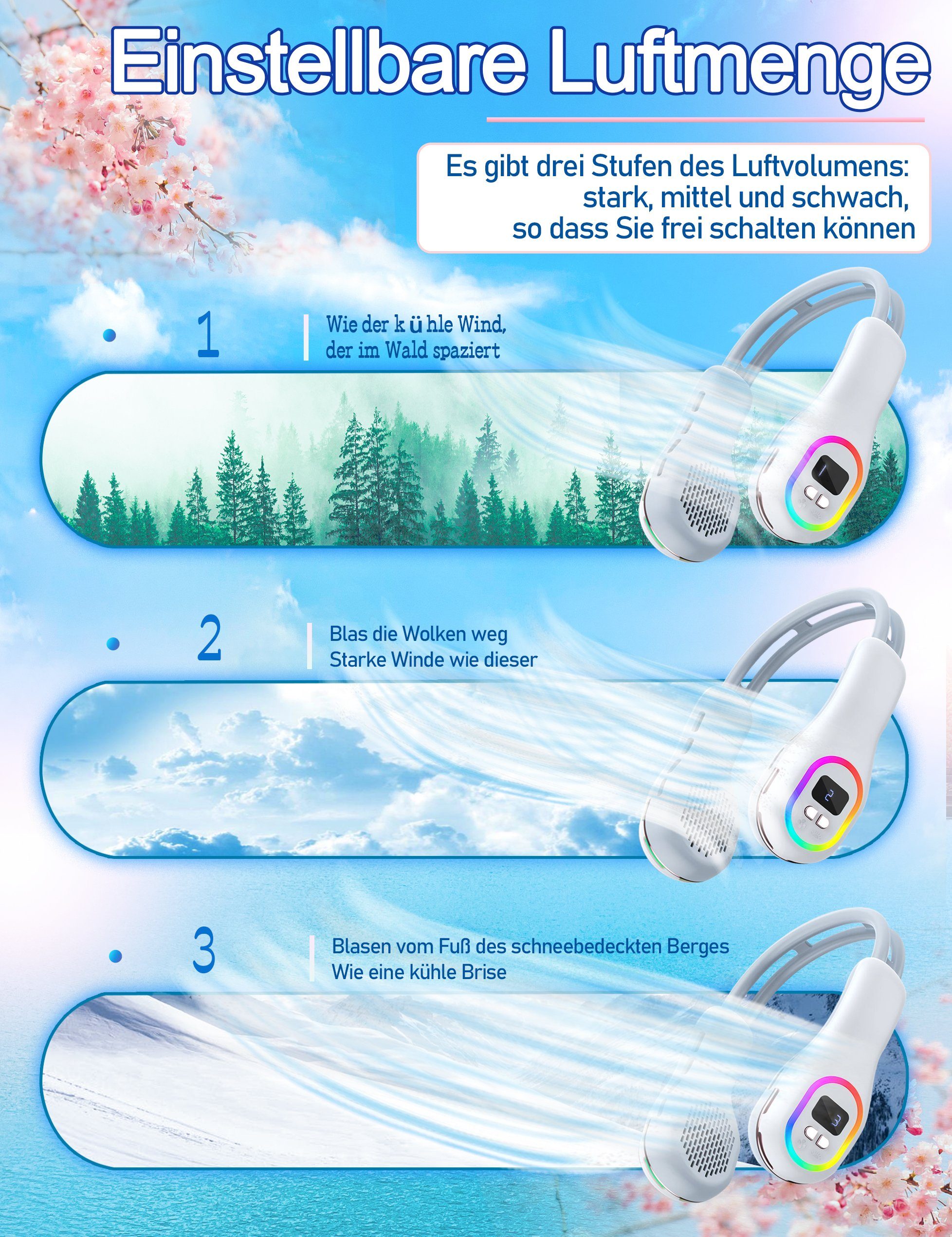 KUGI Mini USB-Ventilator Halsventilator flügelloser Pylon Typ-C wiederaufladbar 4800mAh, tragbares farbiges Licht, wickelt keine Haare Kühlung Gegenmaßnahmen