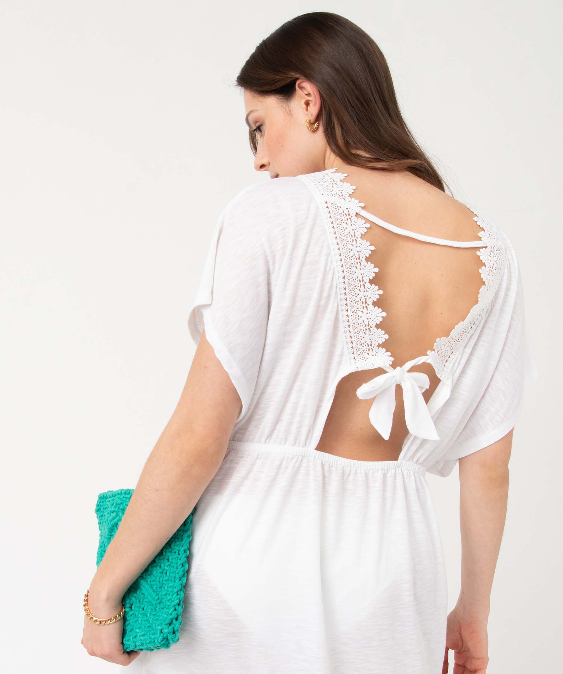 Robe de plage femme avec col en dentelle blanc | GEMO