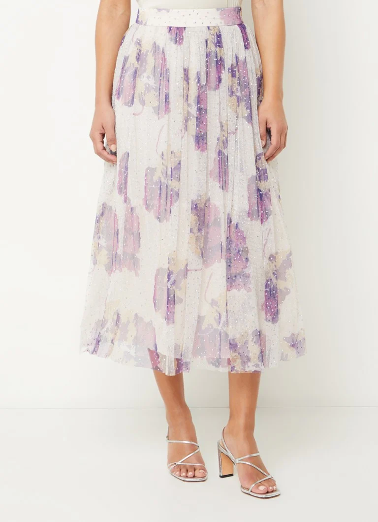 Gonna midi Raya di ba&sh in maglia con stampa floreale e strass.