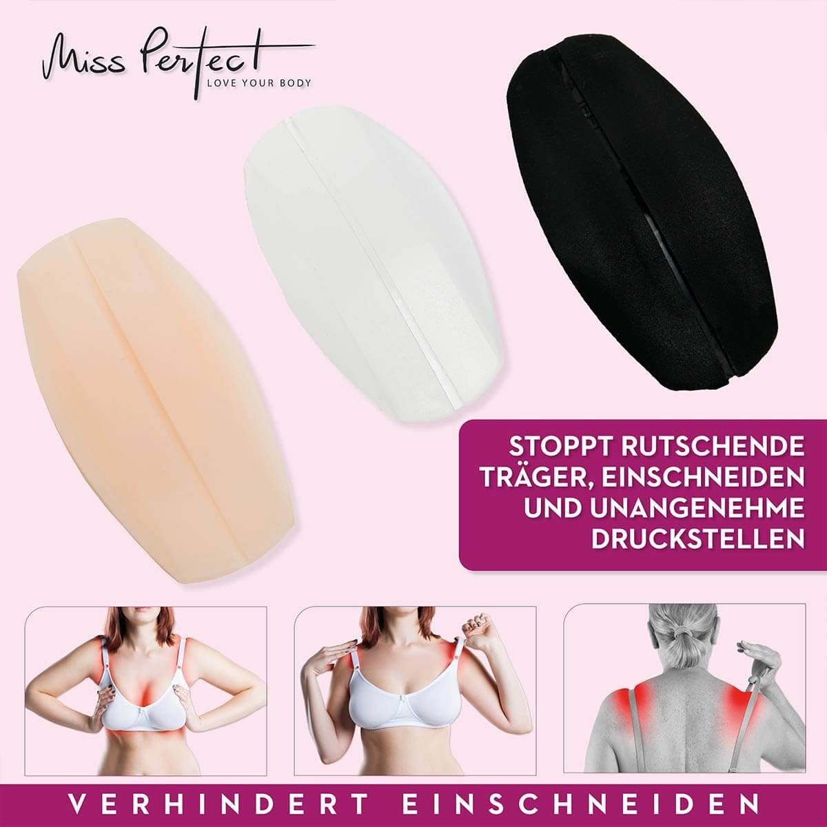 Miss Perfect BH-Träger W2G400023456710, Trägerpolster Baumwolle oder Silikon in Schwarz Weiß Haut Transparent