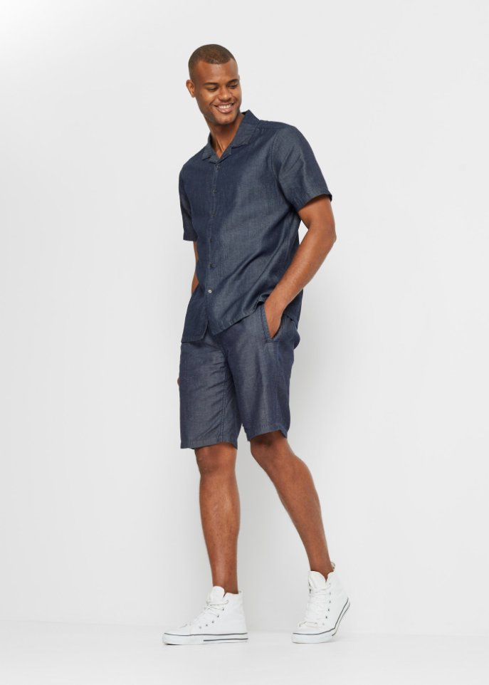 Jeanshemd mit Lyocell und Leinen, Kurzarm