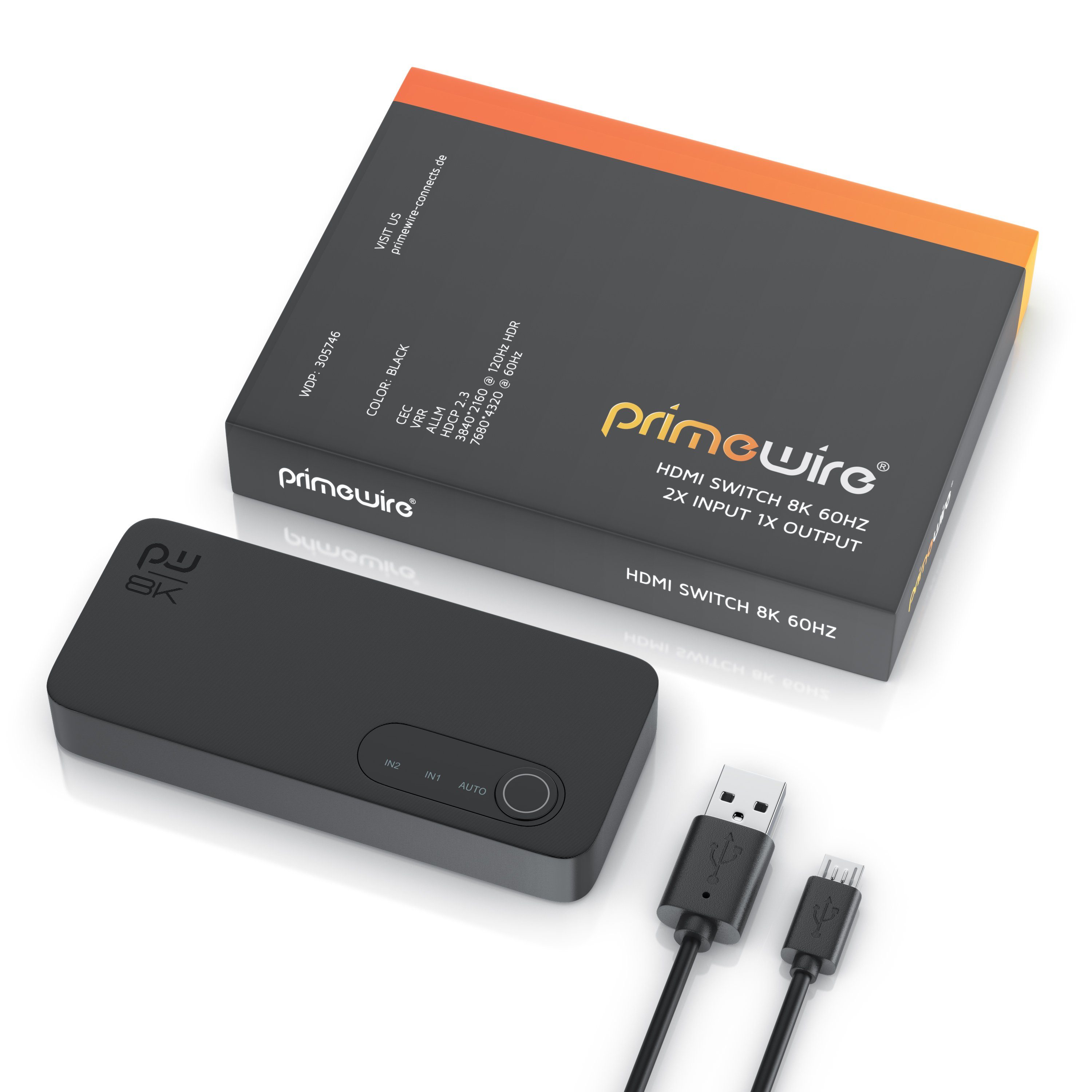 Primewire Audio / Video Matrix-Switch, 2-Port HDMI Splitter, 8K Aluminium HDMI Switch 2 in 1 Out UHD