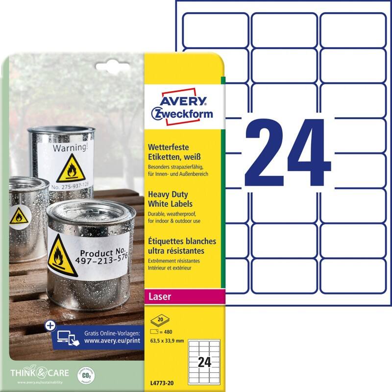 AVERY Zweckform Wetterfeste Etiketten L4773-20 haftend DIN A4 Weiß 63,5 x 33,9 mm 20 Blatt à 24 Etiketten
