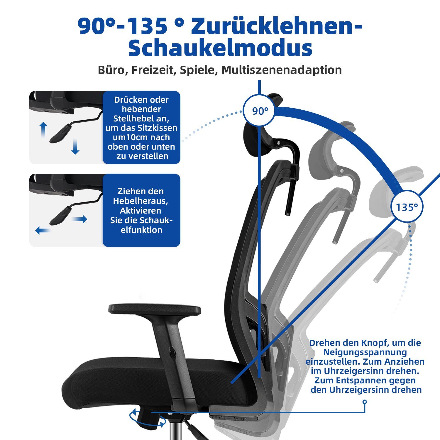 Daynee Bürostuhl Bürostuhl, Ergonomischer Schreibtischstuhl, Drehstuhl, Chefsessel (Packung, Verstellbare Armlehne,leise Rolle,Bis 155 kg belastbar, Atmungsaktiv,Sitzhöhe Einstellung), Wippfunktion 90°-135°, Verlängerte und Verbreiterte Rückenlehne,