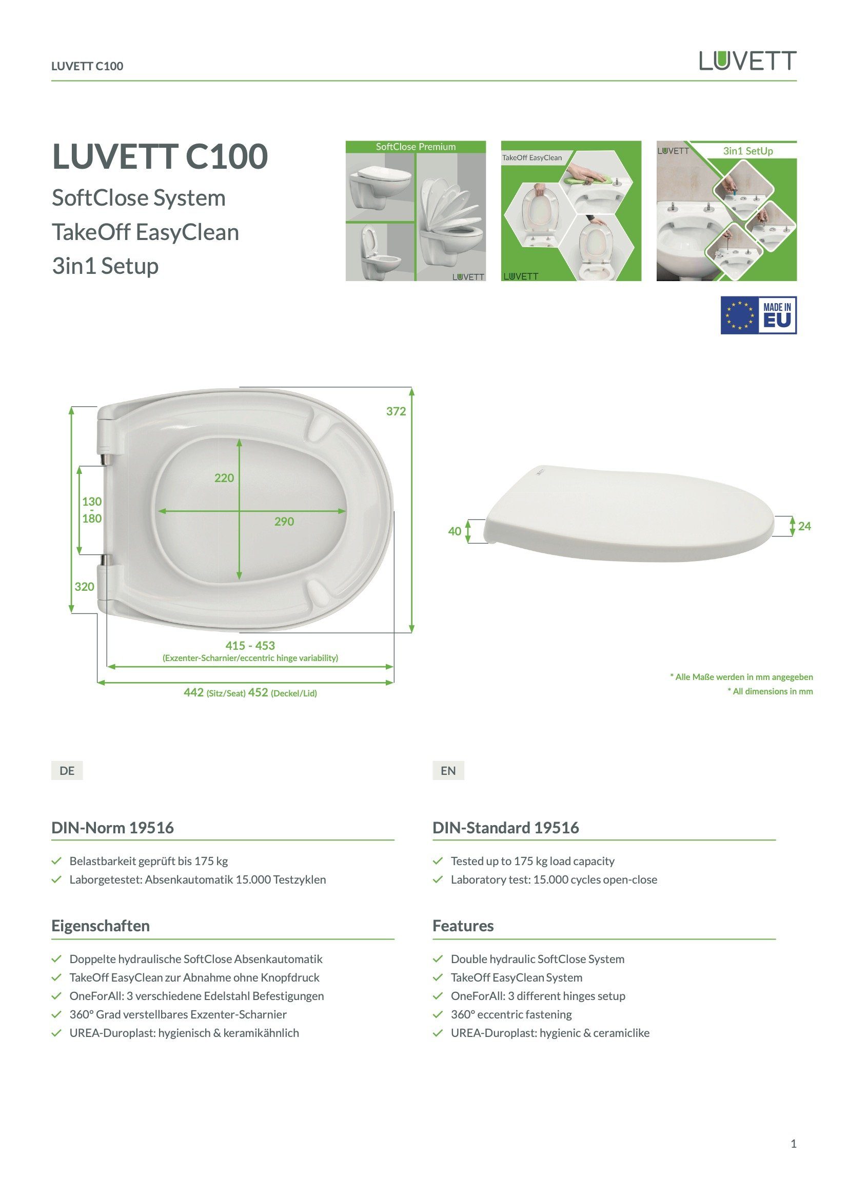 LUVETT WC-Sitz Farben C100 (Komplett-Set, Inklusive 3 Befestigungsarten), mit Original SoftClose® Absenkautomatik, Duroplast