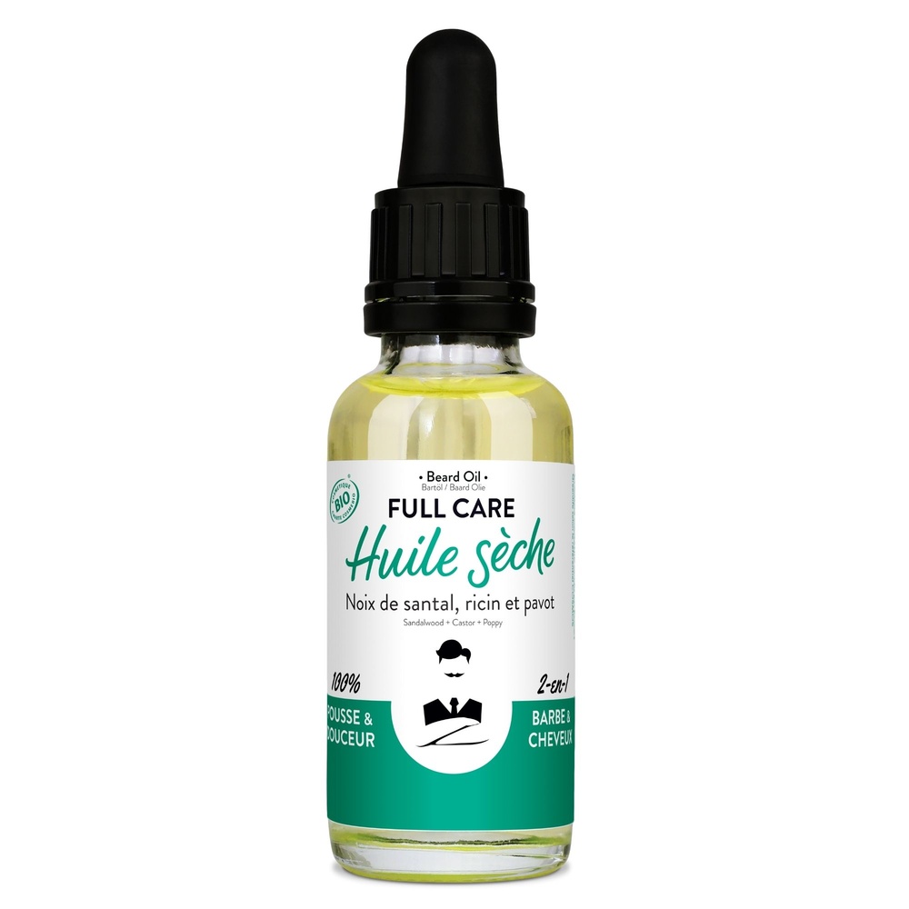 Monsieur Barbier Huile Barbe Bio, 100% Naturelle & Vegan- Full Care Huile Sèche Bio de Soin 2-en-1 Barbe & Cheveux pour Hommes / Parfum Santal Blond