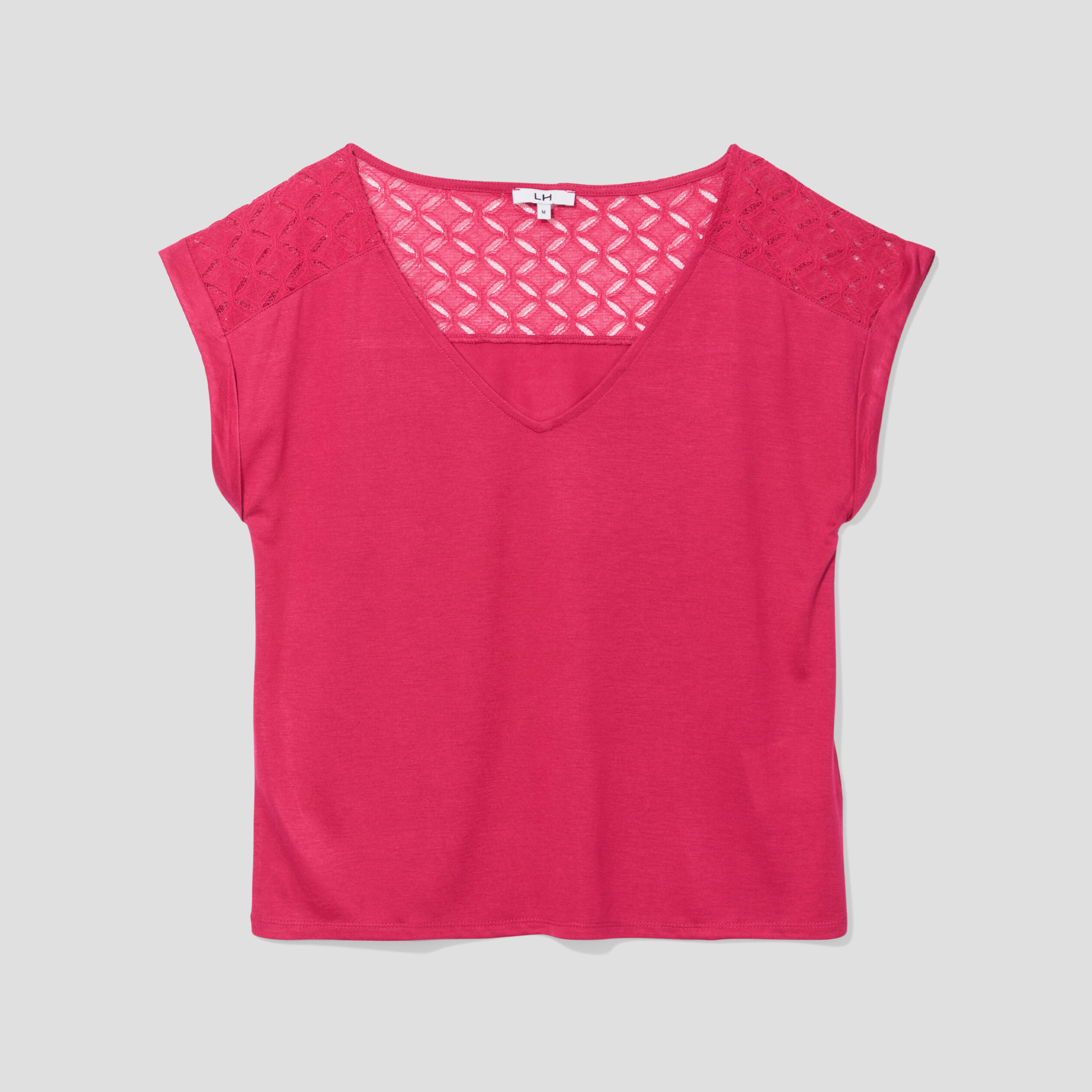 T-shirt col en V dentelle épaules et dos rose framboise femme | La Halle