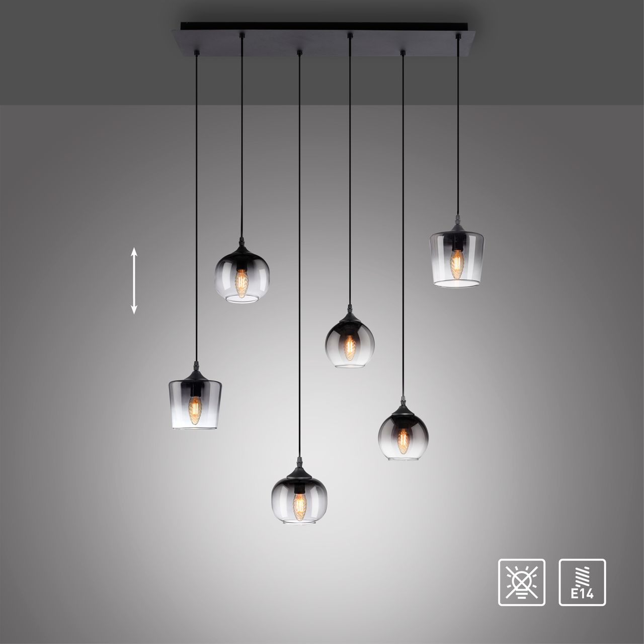 JUST LIGHT Pendelleuchte GREEN ZEA, 6x E14/25 Watt max., rauchfarbene Gläser, Schwarz