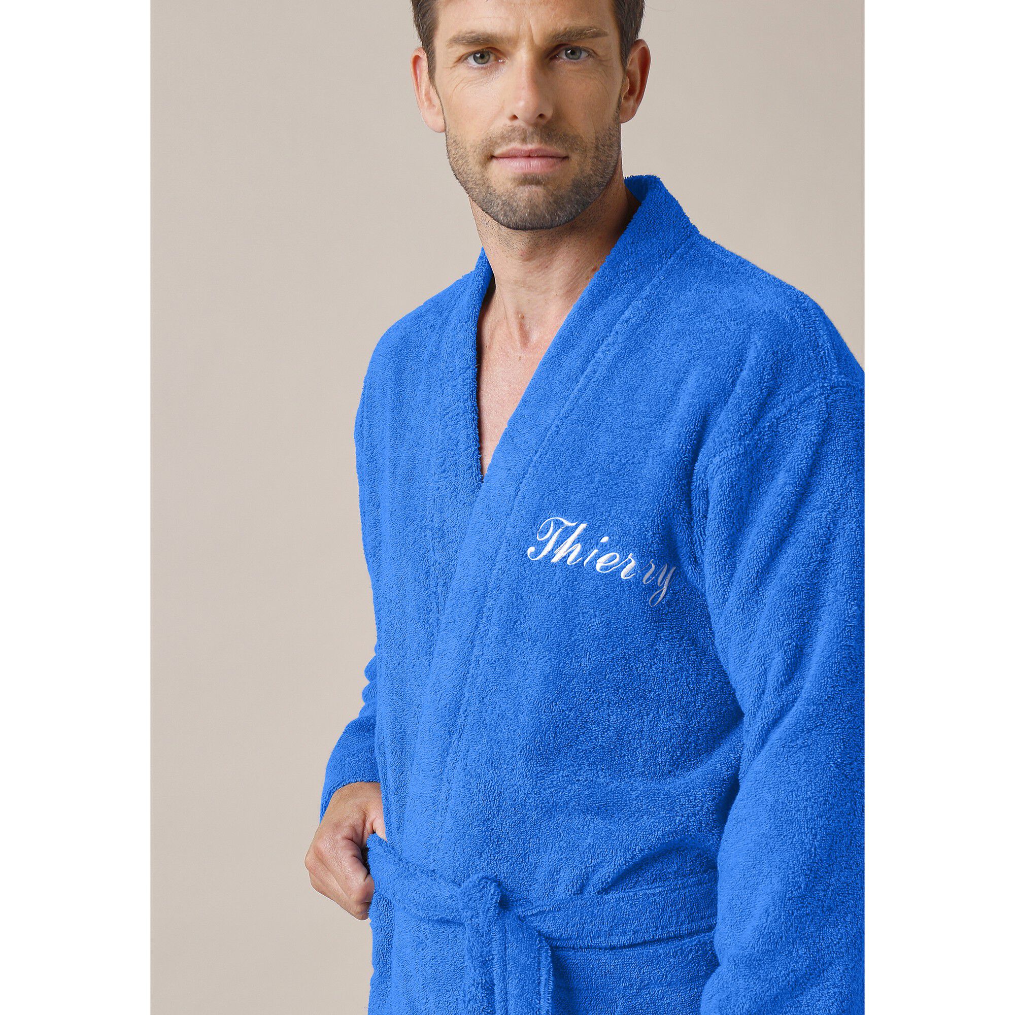 Peignoir mixte adulte uni coton éponge bouclette col kimono personnalisé