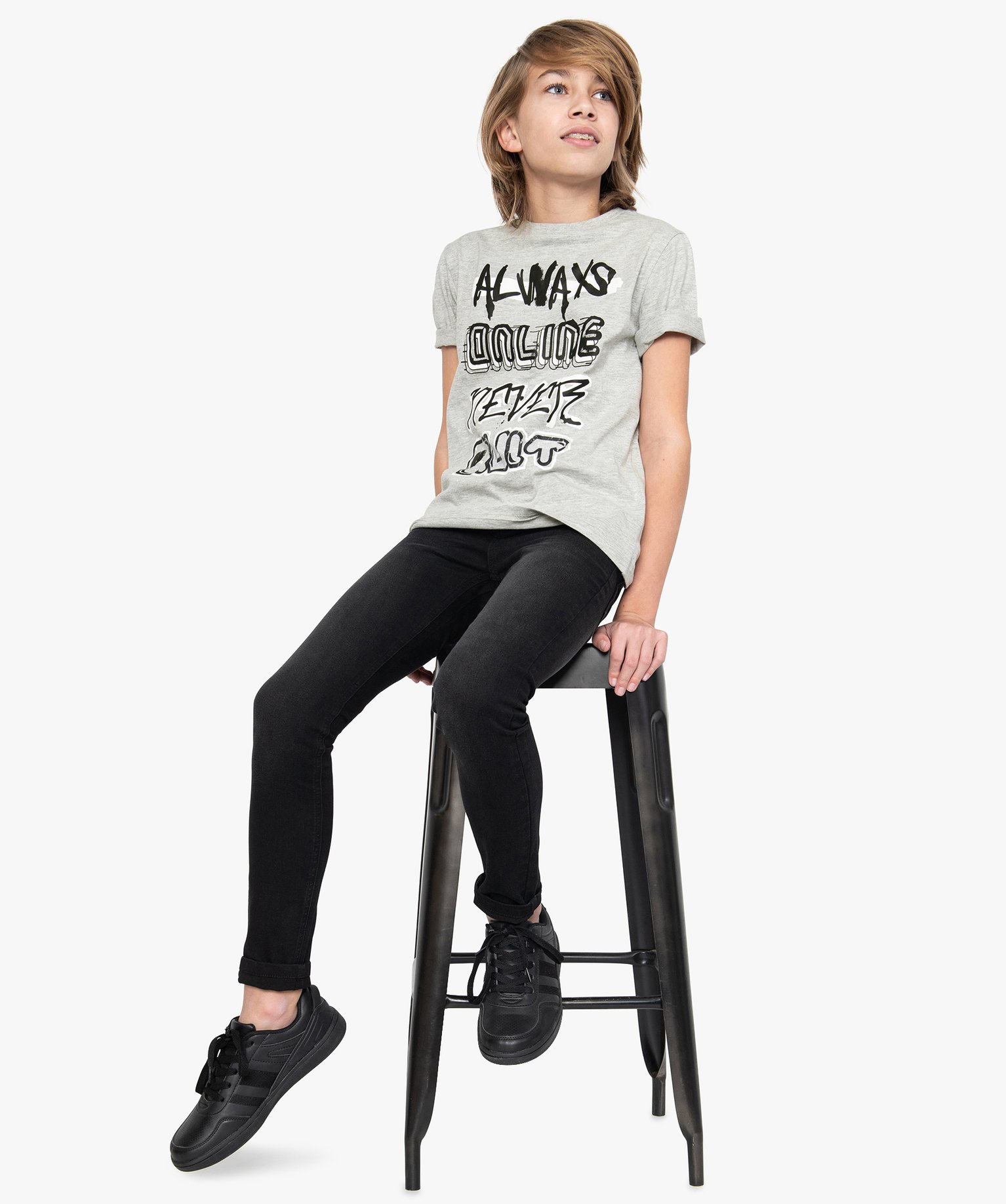 Jean Garçon ultra skinny stretch avec plis aux hanches noir | GEMO