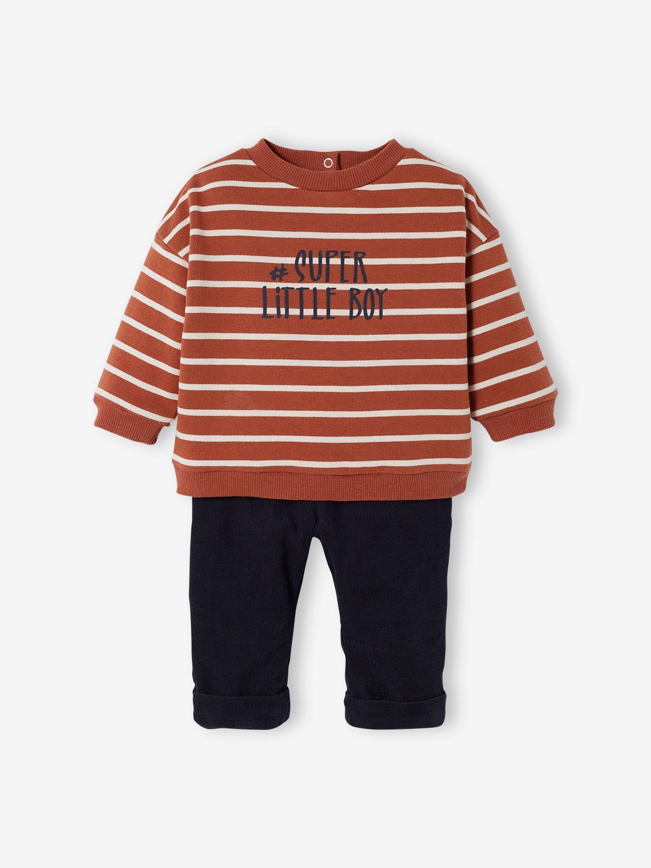 Ensemble bébé sweat + pantalon en velours chocolat rayé