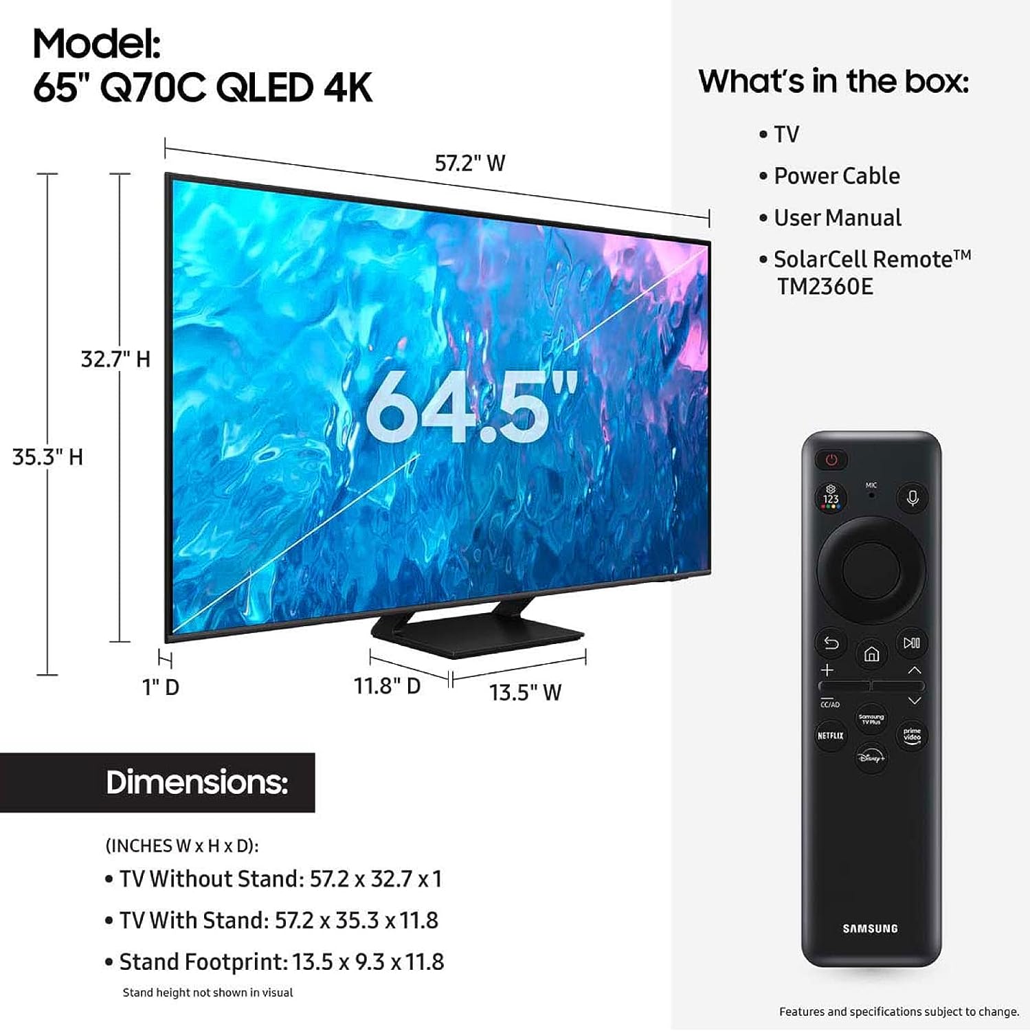 SAMSUNG 65-Inch Class QLED 4K Q70C Series Quantum HDR, Dual LED, Object Tracking Sound Lite, Q-Symphony, Motion Xcelerator Turbo+, Gaming Hub, Smart TV with Alexa Built-in (QN65Q70C, 2023 Model)