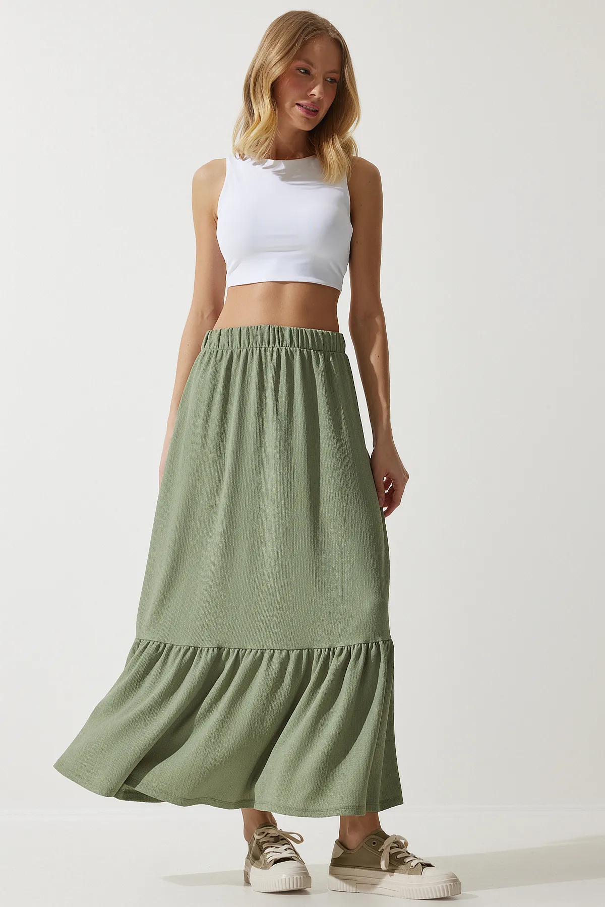 Happiness İstanbul  Grüner Volant-Sommer-Midirock für Damen DD01231